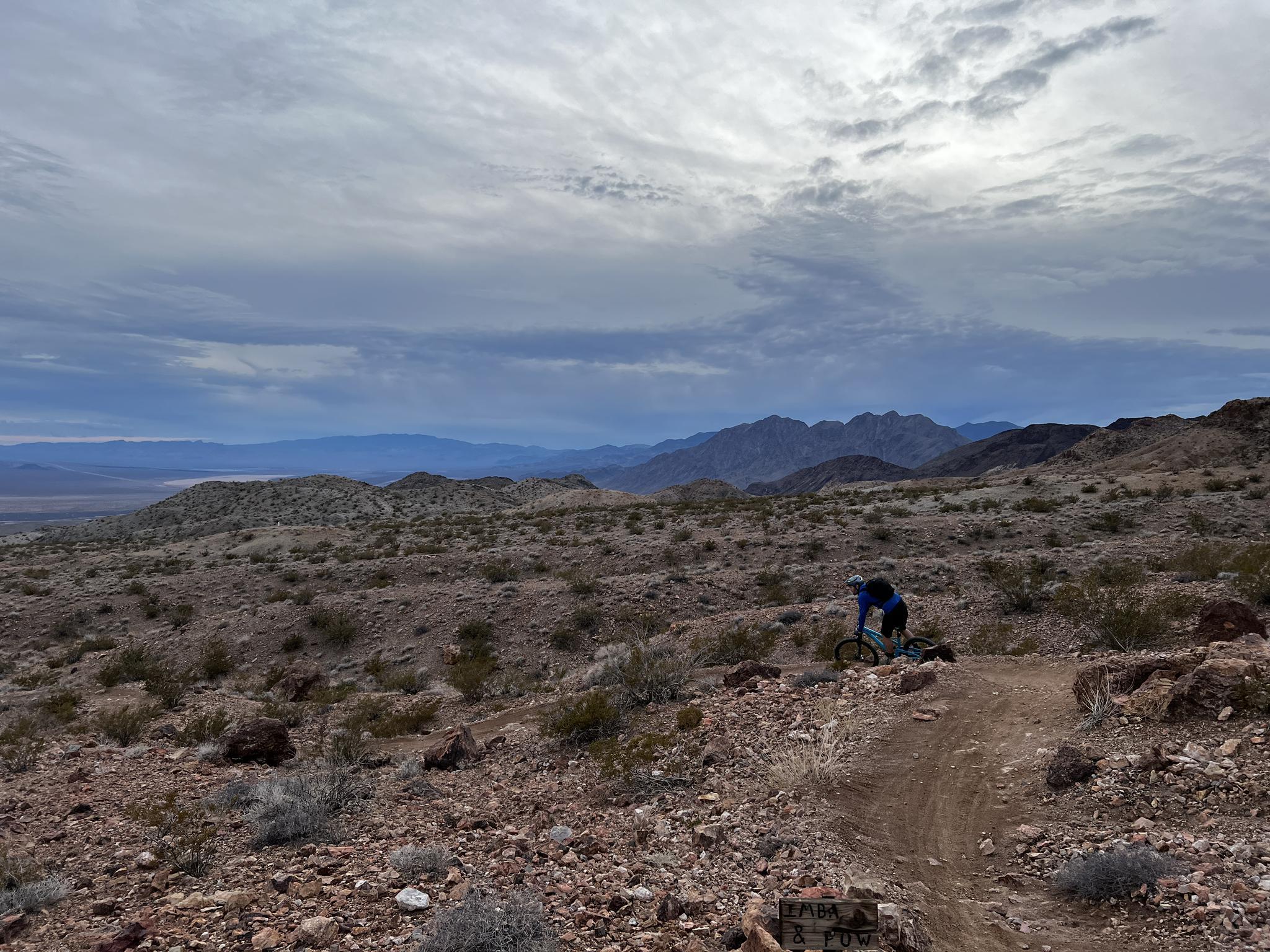 Person with a bike on a dirt trail overlooking a vast arid landscape.