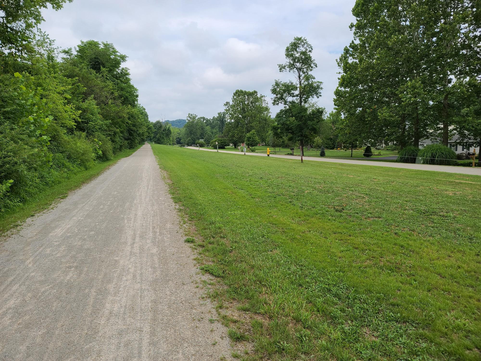 A long gravel path bordered by green trees under an overcast sky.