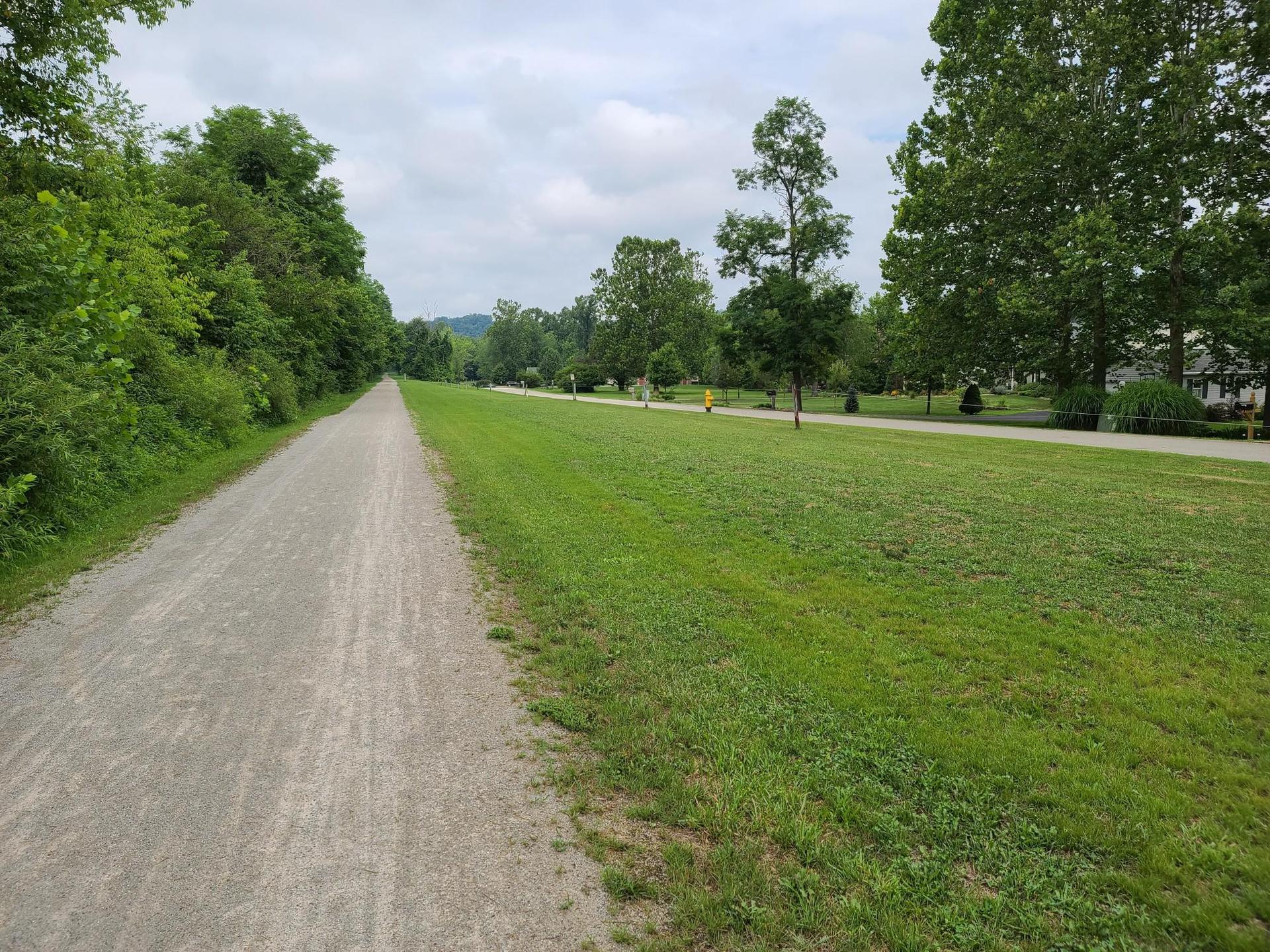 A long gravel path bordered by green trees under an overcast sky.