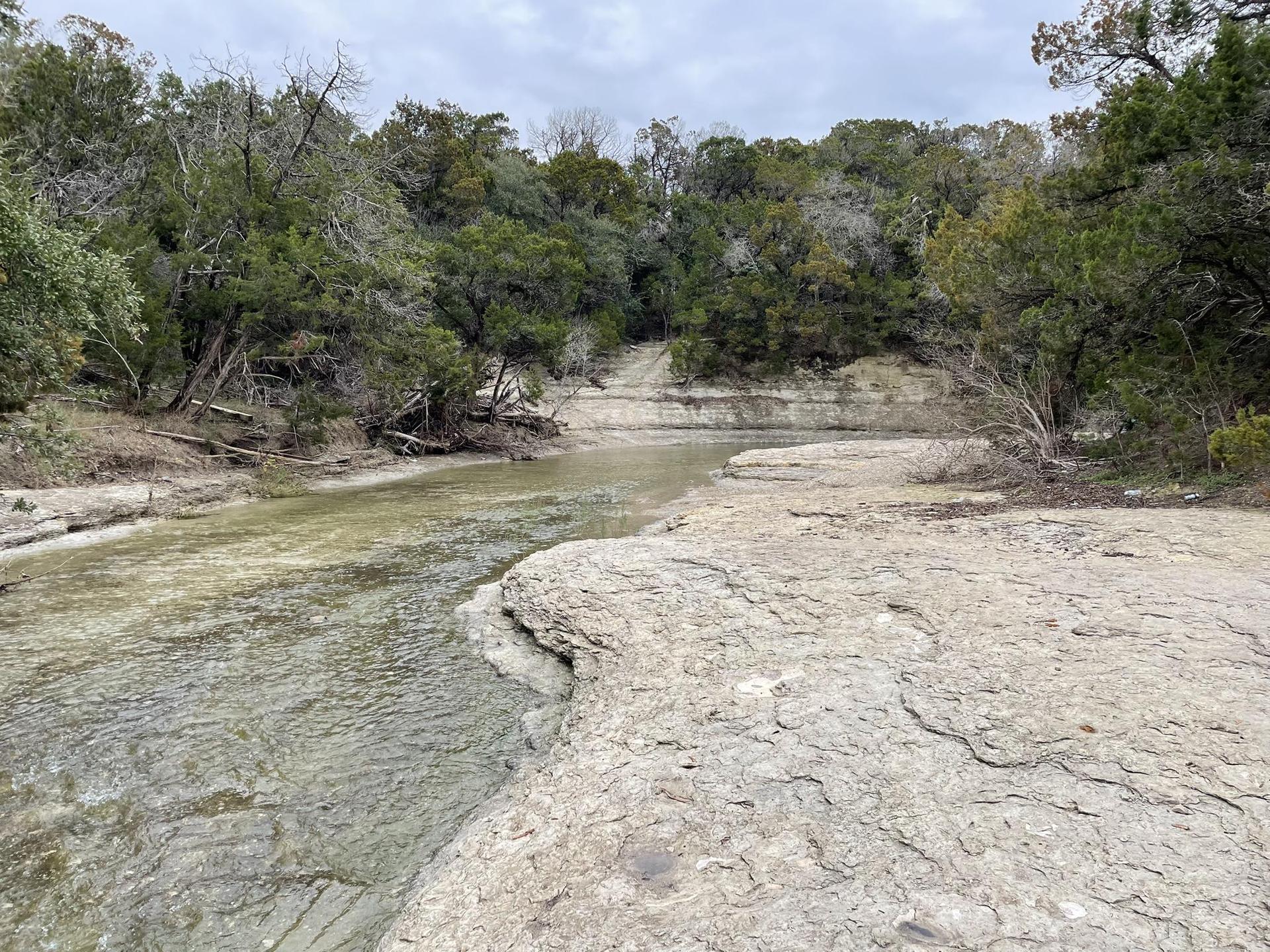 A wide rocky riverbed with shallow water, surrounded by trees under an overcast sky.
