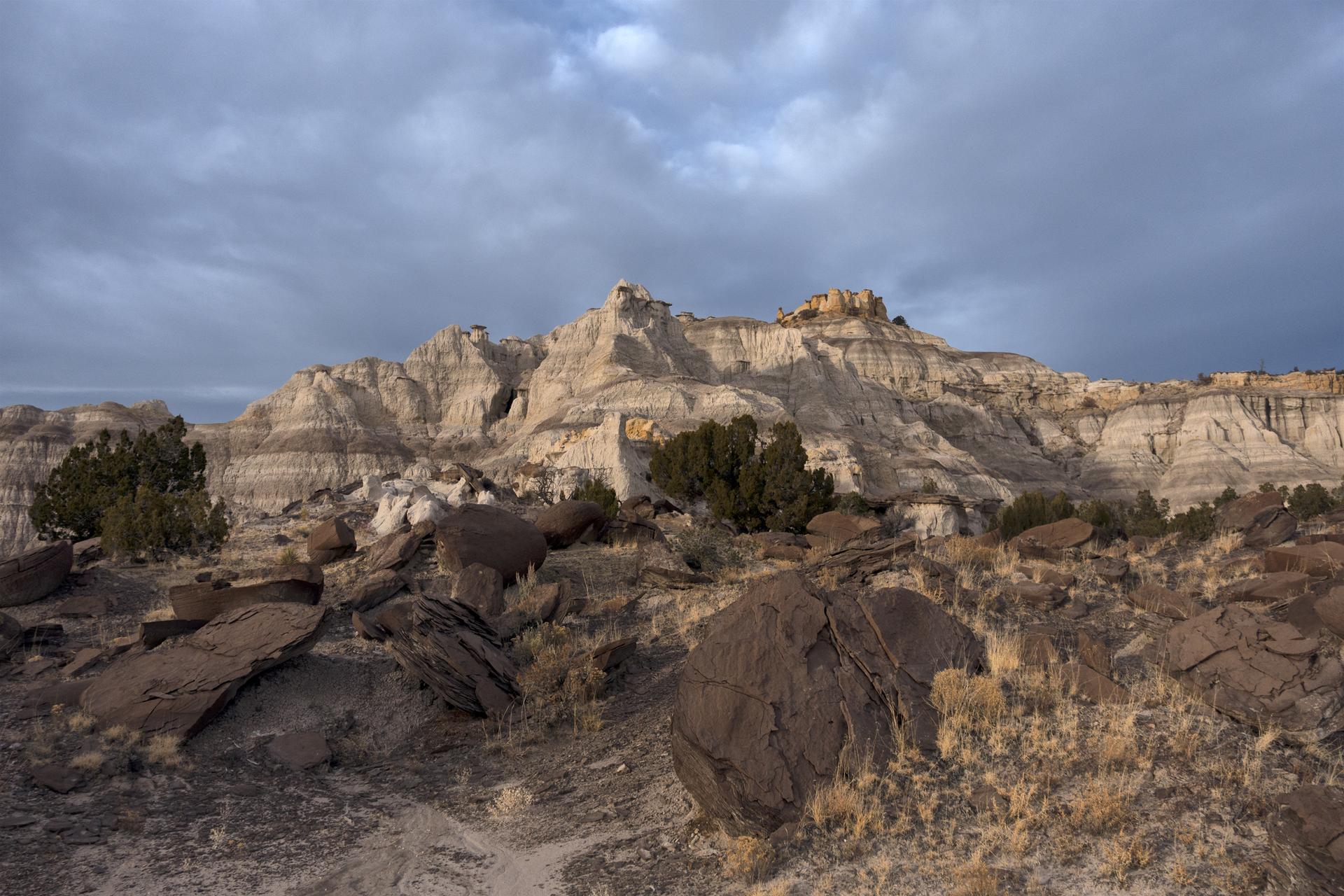 Arid landscape with layered rock formations, large boulders, and sparse shrubs under a cloudy sky.