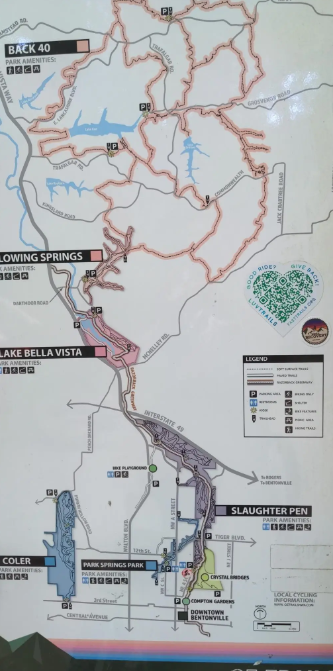 An overhead view of a detailed trail map with various routes and parks.