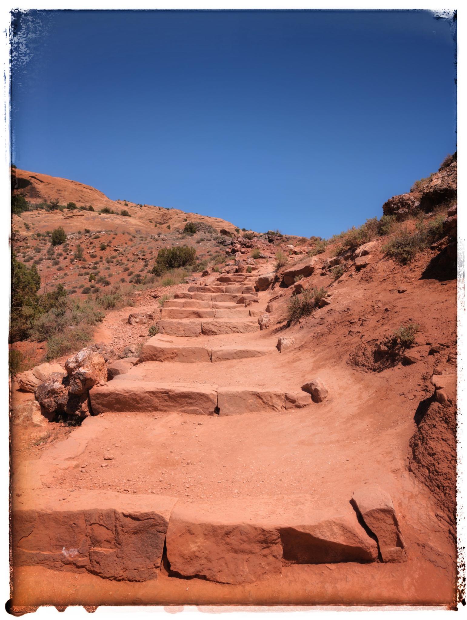 Stone steps ascend a red dirt hillside under a bright blue sky.