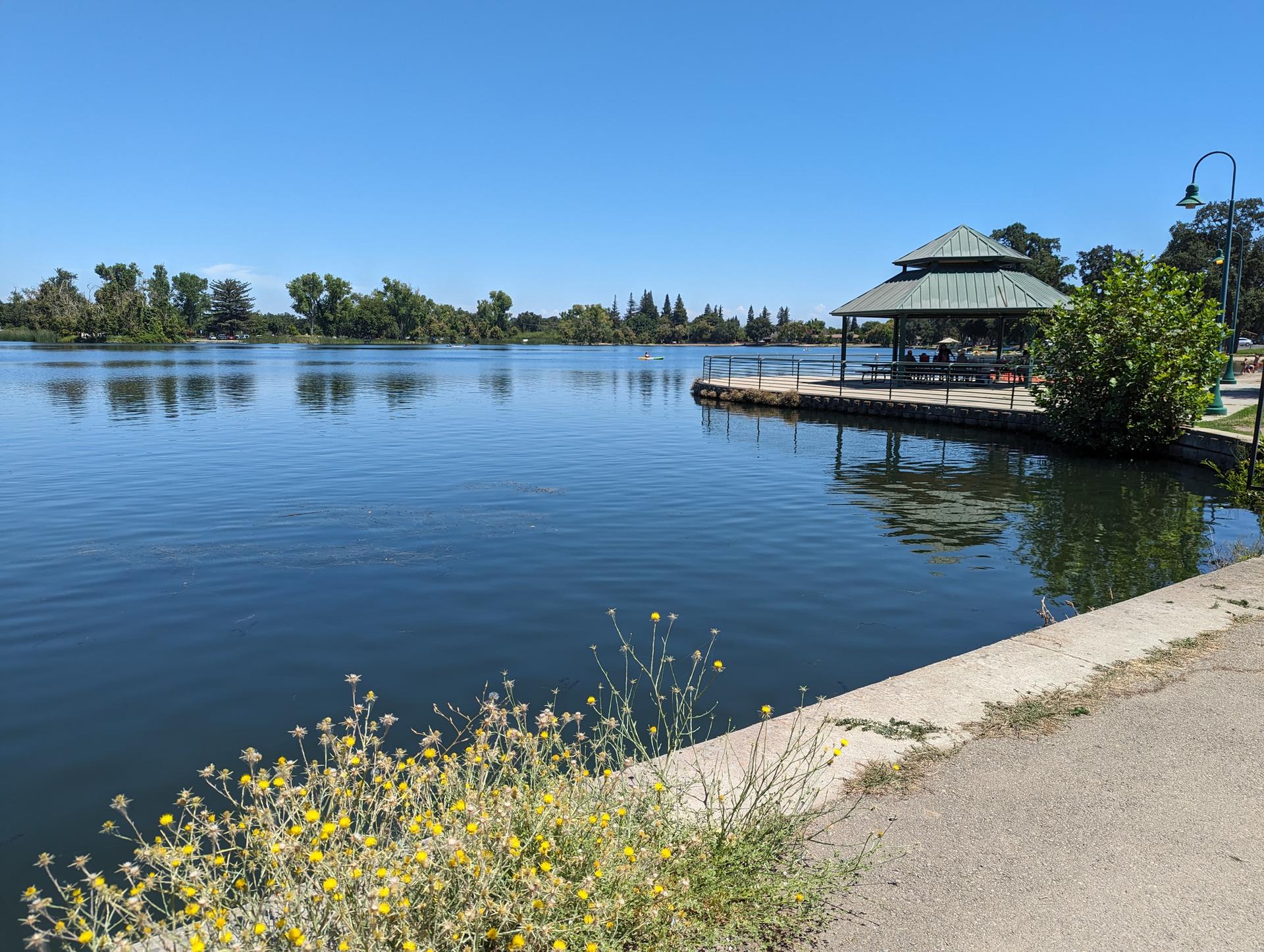 A peaceful lake with a gazebo on a dock, surrounded by green trees.