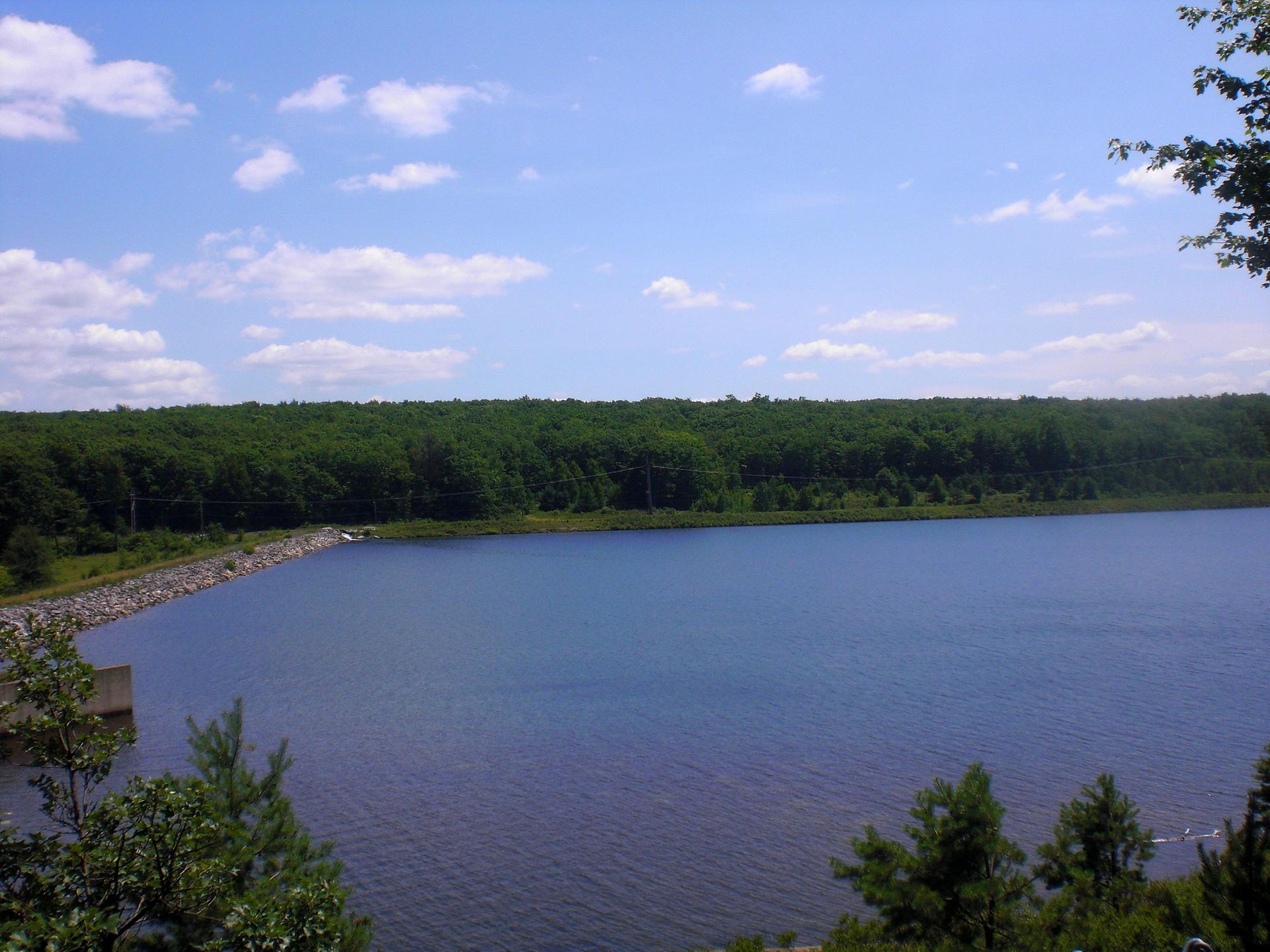 A large, calm lake with a forested shoreline under a bright blue sky.