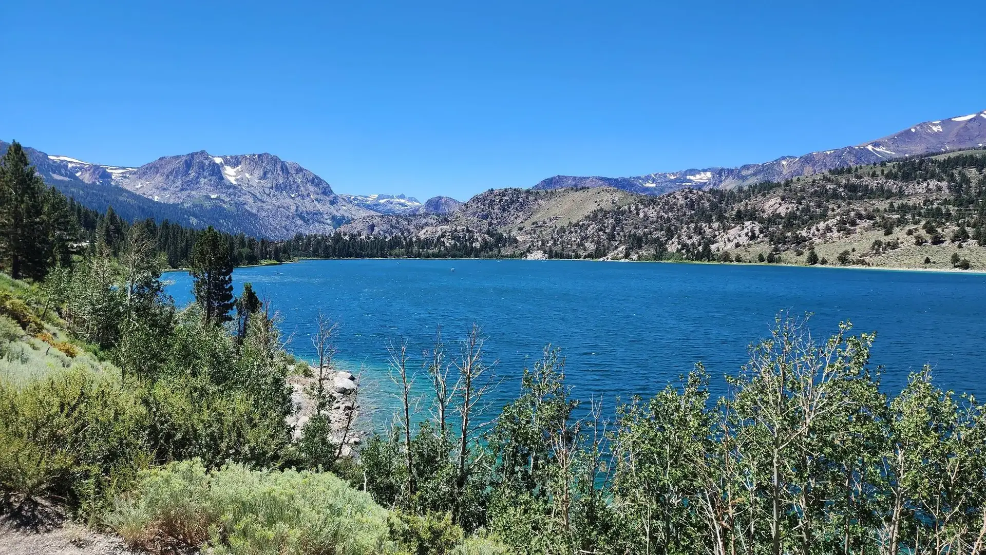 Bright blue lake with green trees and distant mountains under a clear sky.