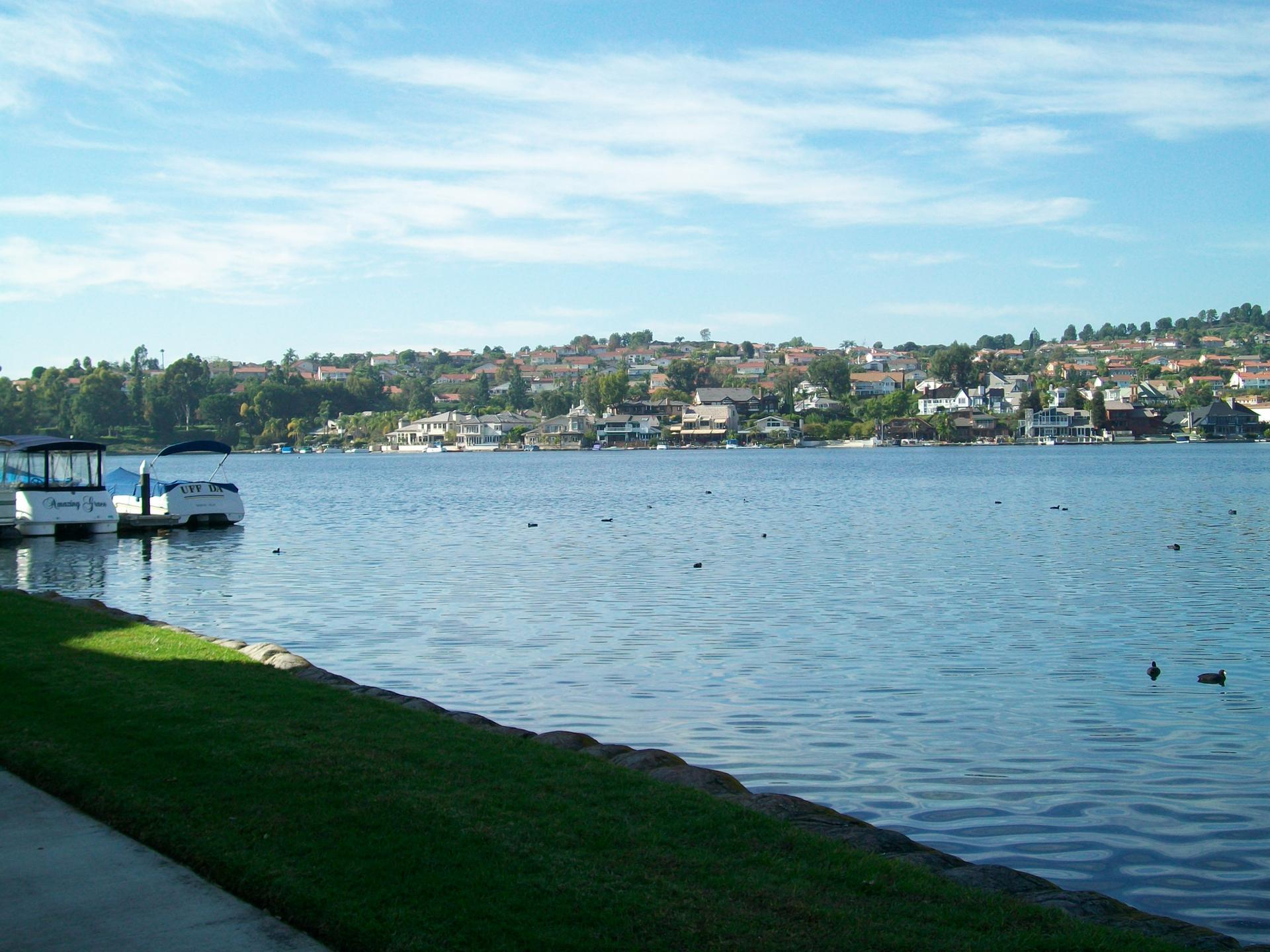 Sunny lake view with distant houses, boats, and a green shoreline.