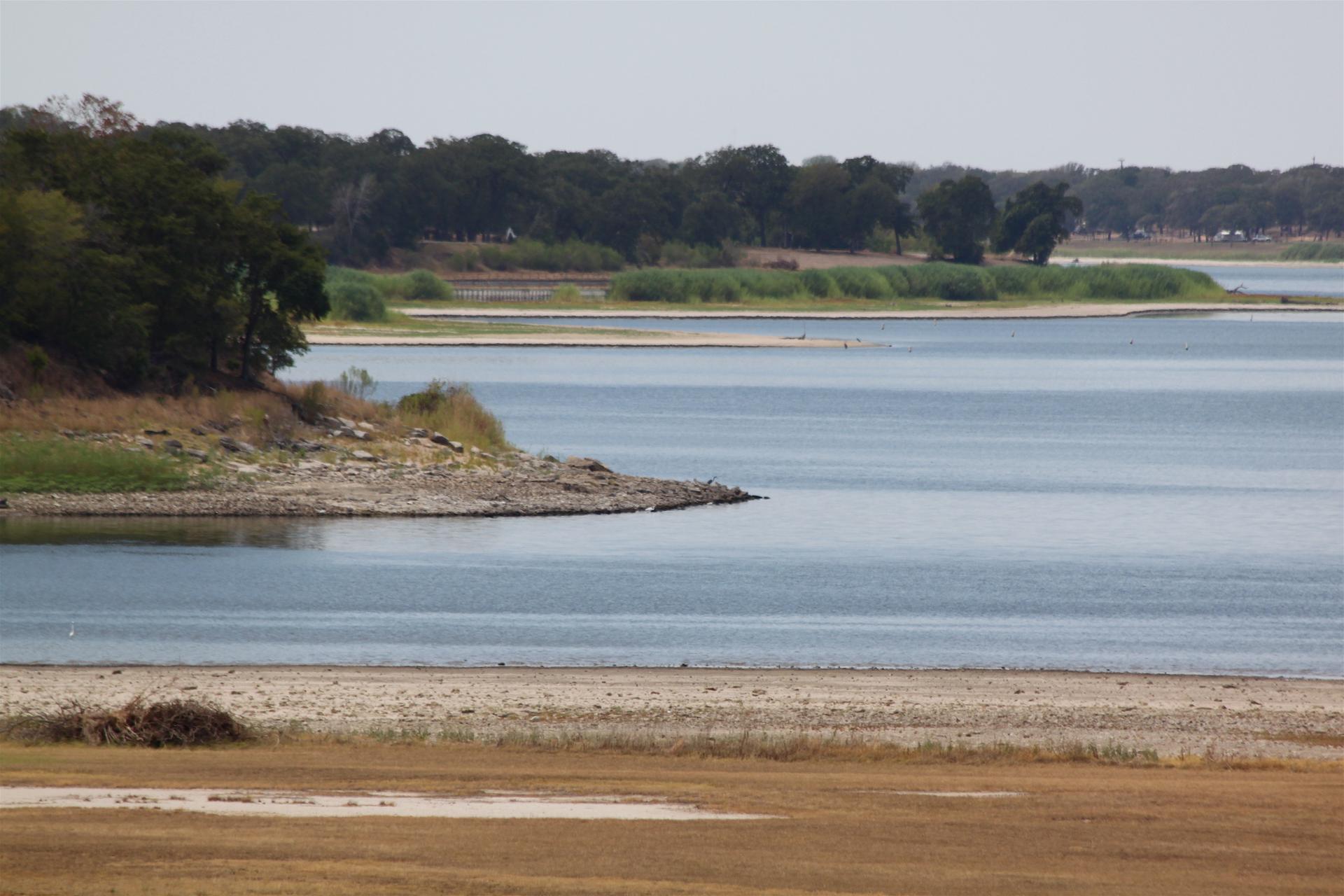 Expansive lake with exposed shoreline, rocky banks, and distant green trees under diffused light.