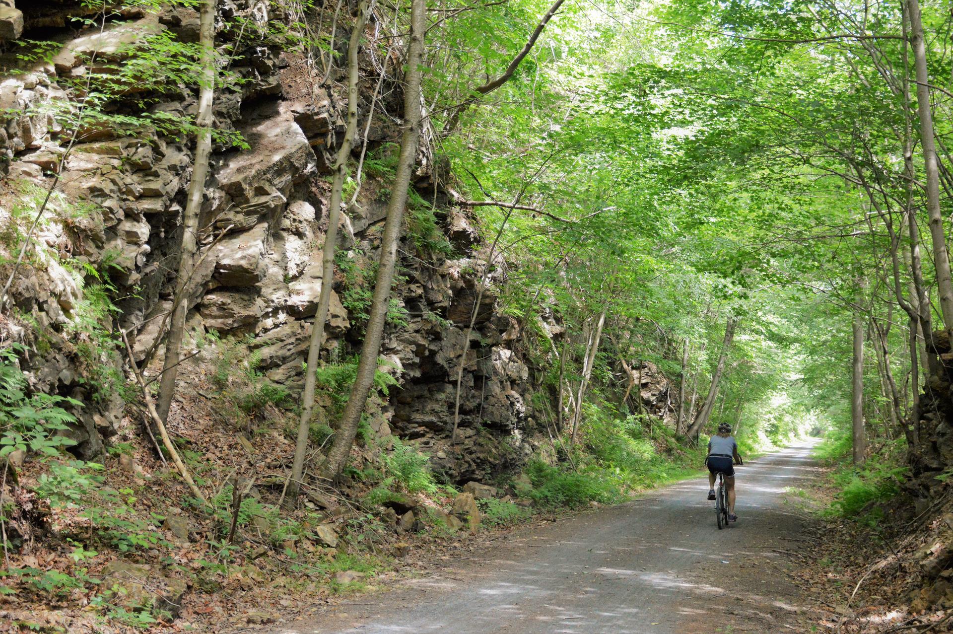 Person cycling on a sun-dappled dirt path beside a rocky cliff.