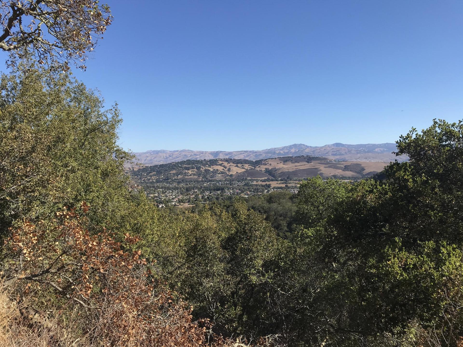 Panoramic view of a green valley and distant hills under a clear blue sky.