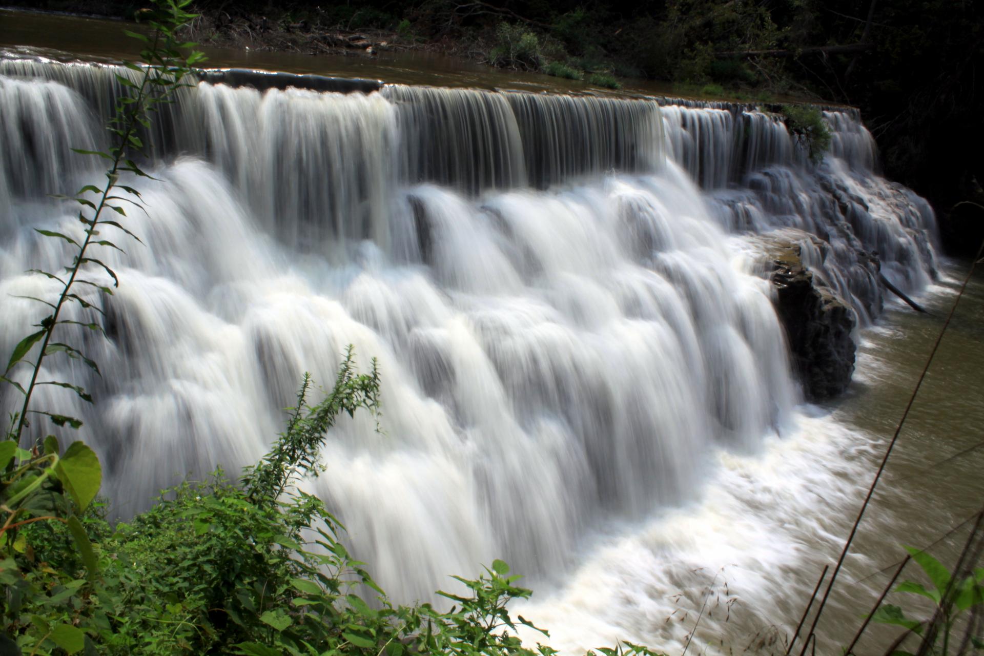 Bright waterfall tumbles over a rocky ledge, framed by green plants.