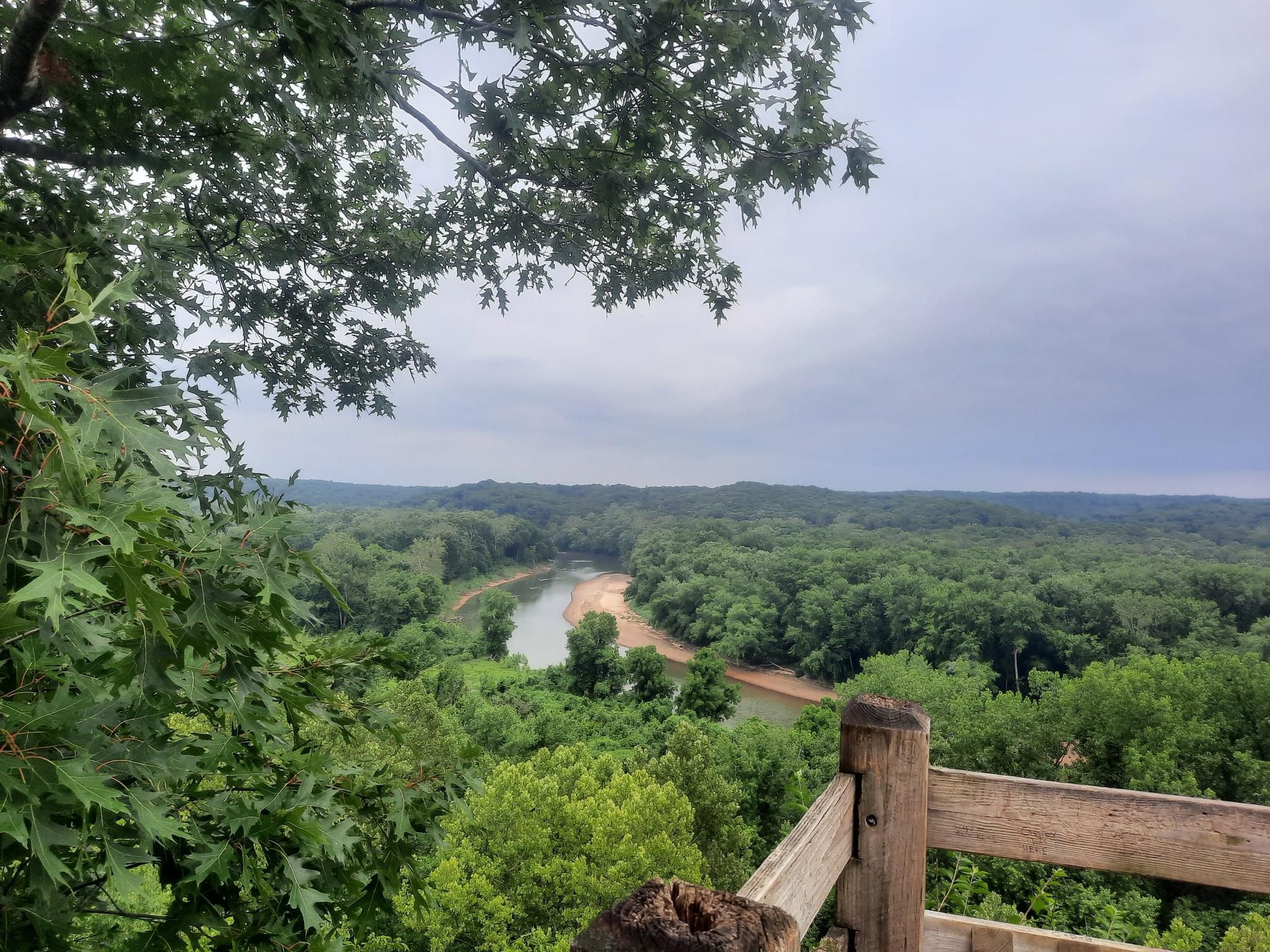 Overcast view of a winding river through dense green forest from a high viewpoint. - Riverscene Trail running loop