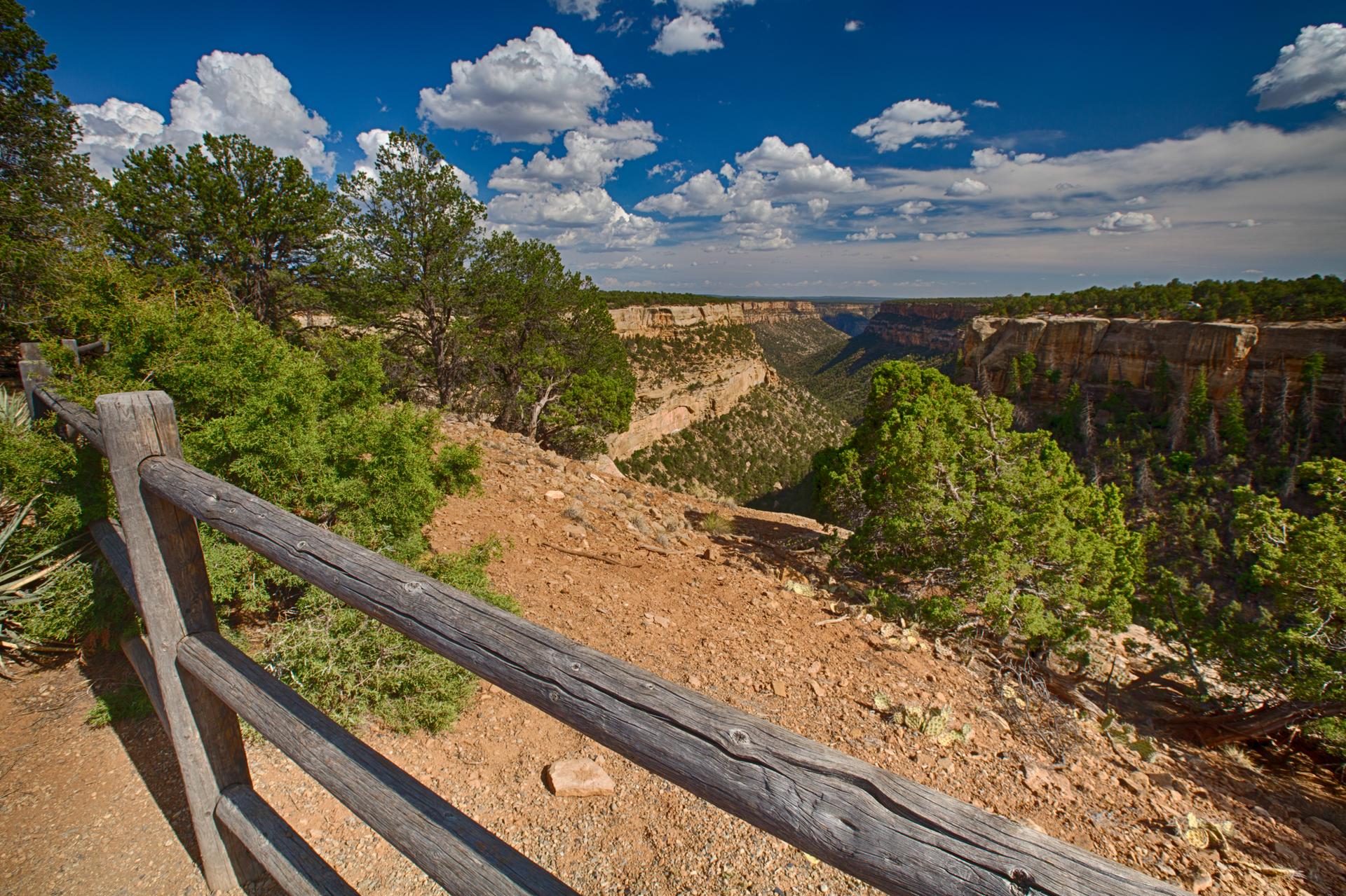 Wooden fence overlooking a vast, green canyon under a partly cloudy sky.