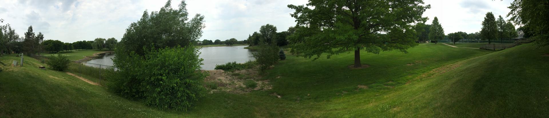 Panoramic view of a calm lake surrounded by green grass and trees under an overcast sky.