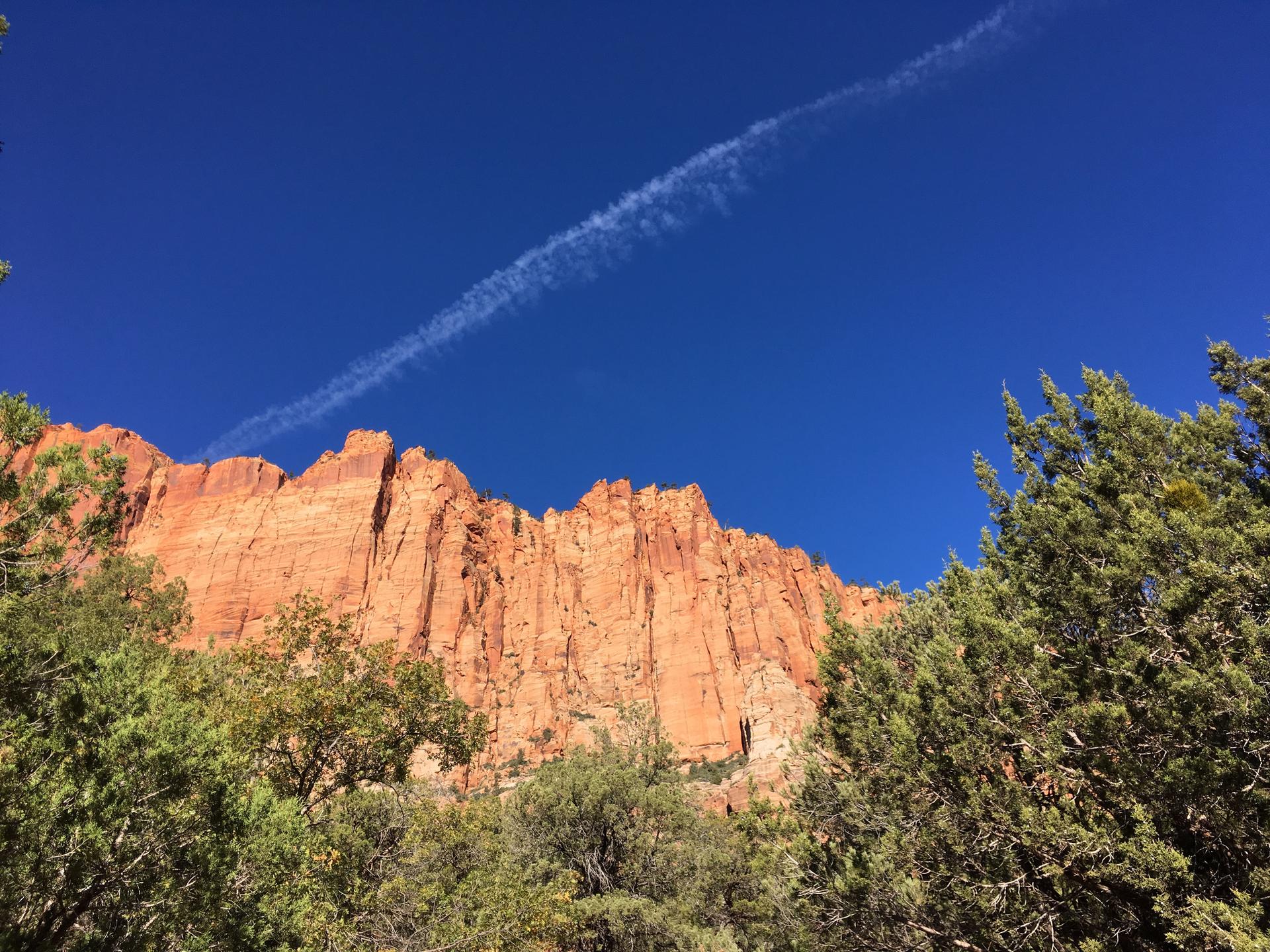 Towering red rock cliff face with green trees under a bright blue sky.