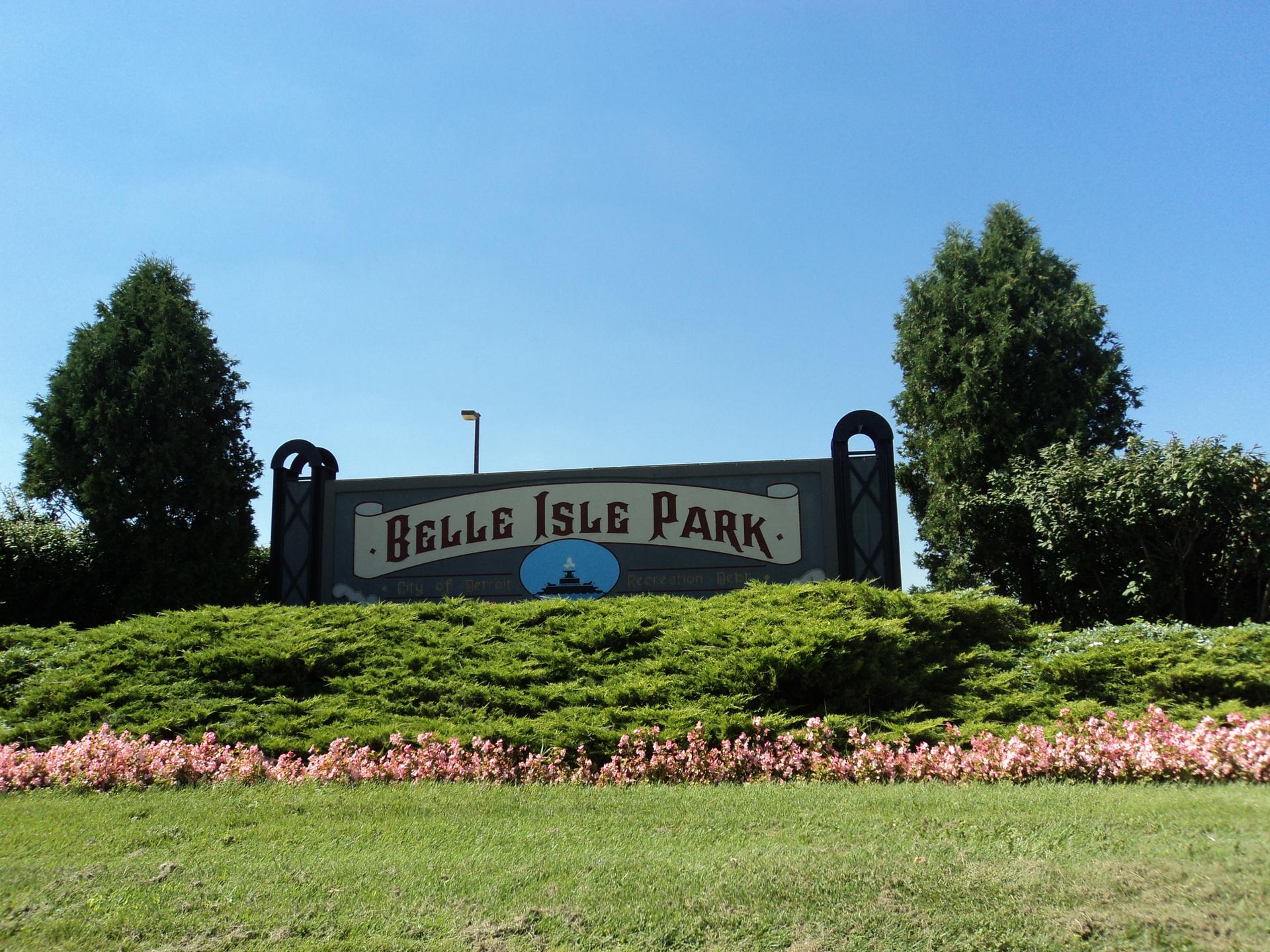 Large wooden sign on a grassy hill with flowers under a clear blue sky.