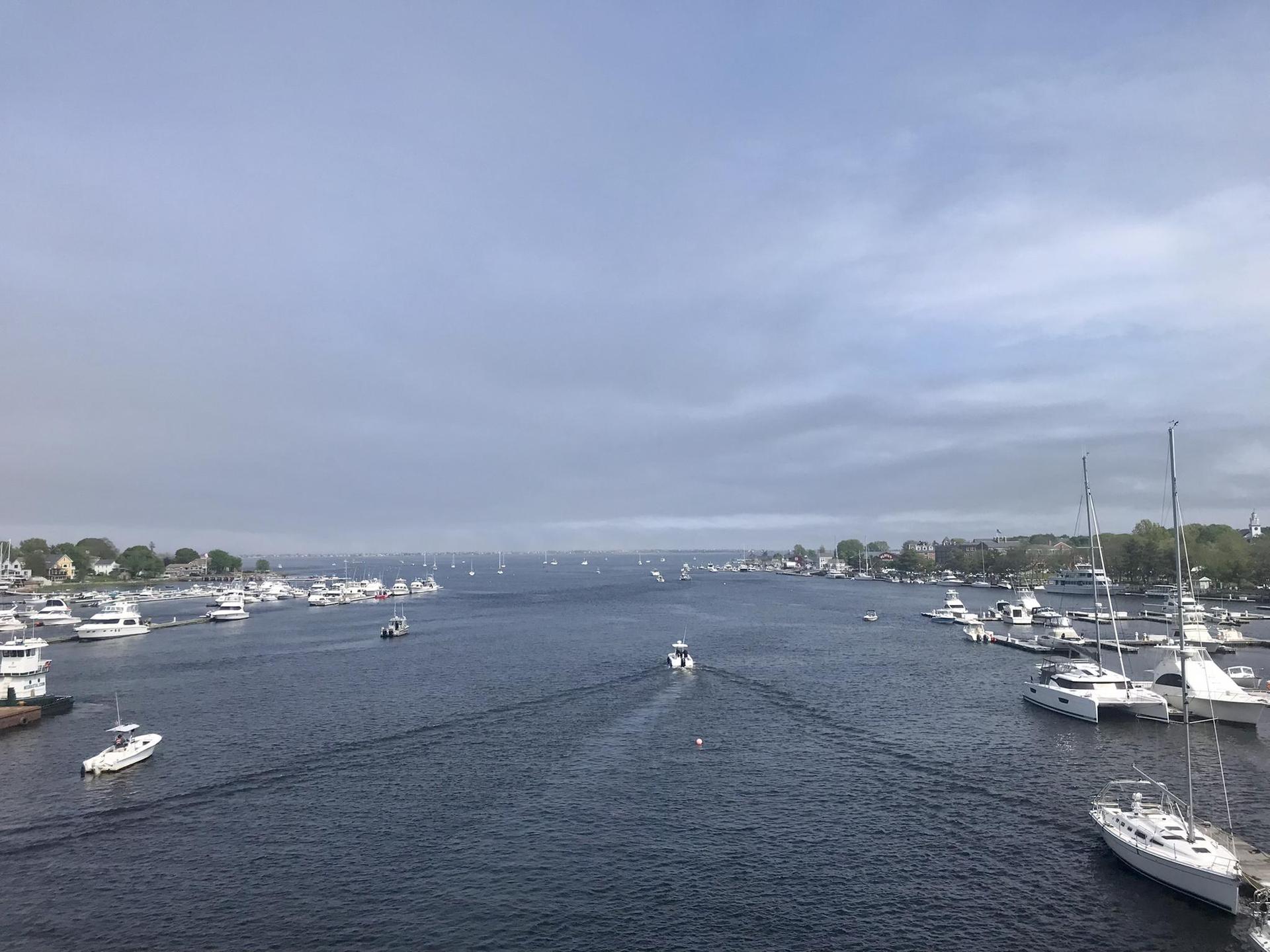 Wide river view with many boats and distant shores under an overcast sky.