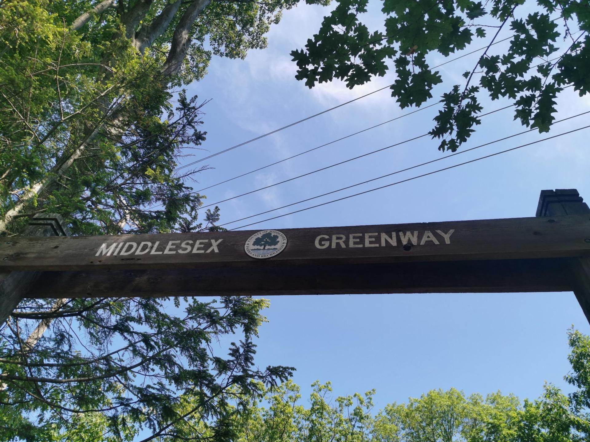 A wooden sign hangs under a bright blue sky, framed by green trees.