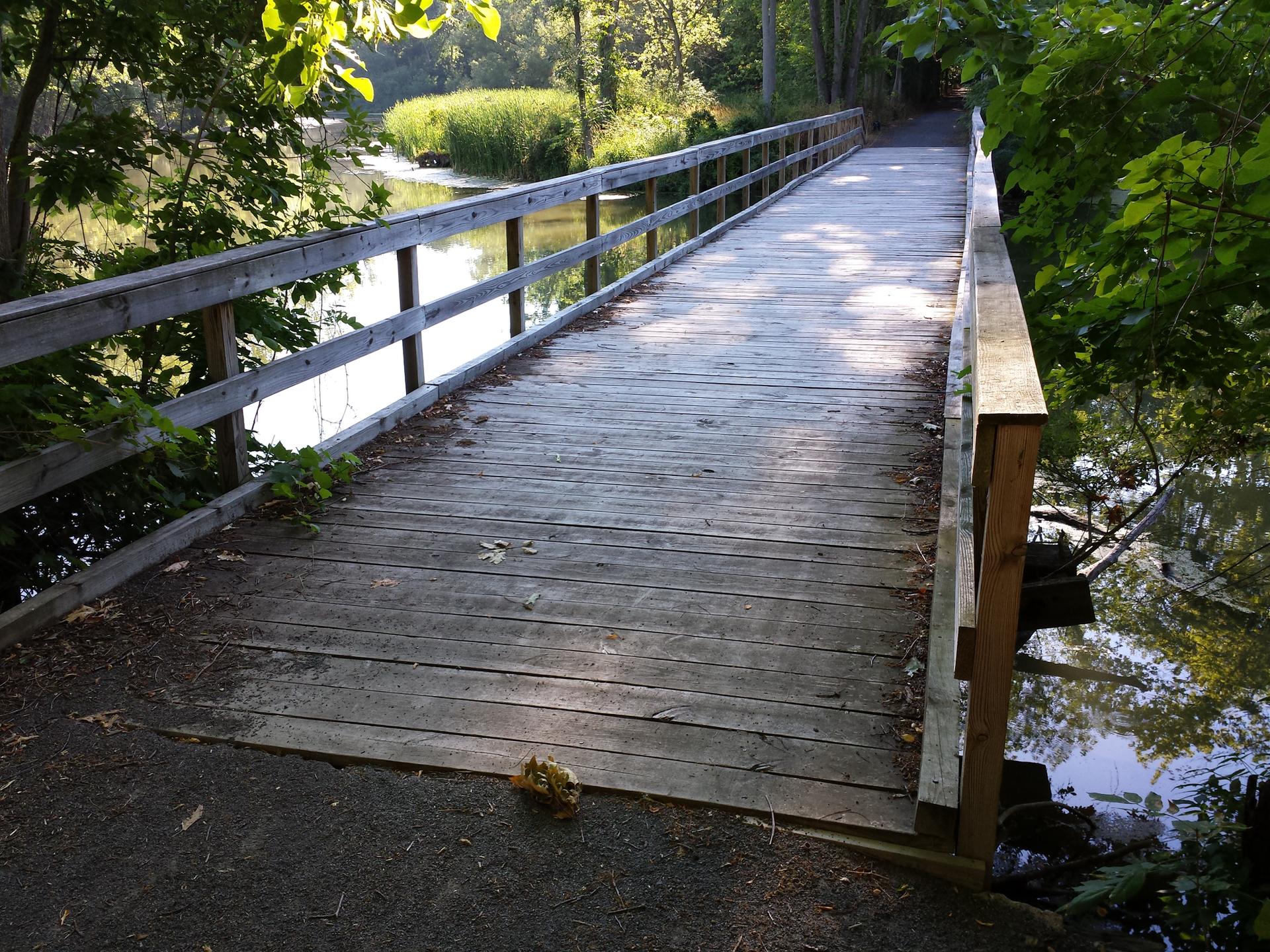 A wooden bridge crosses a calm river, surrounded by green trees.