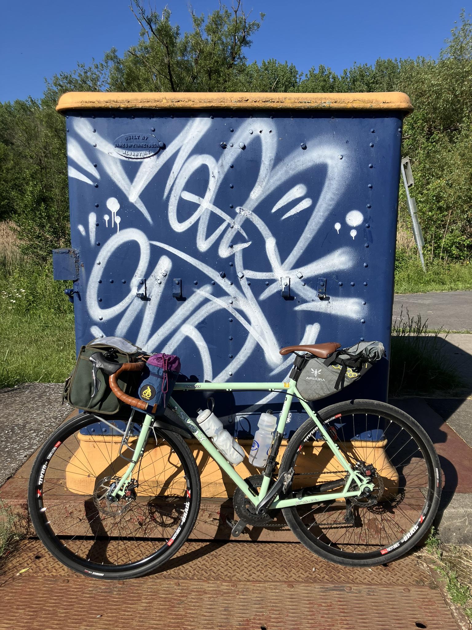 Light green touring bicycle parked in front of a blue graffiti-covered box.
