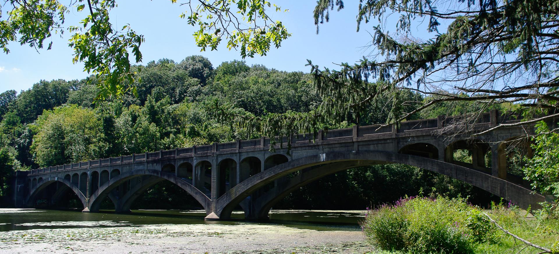 Ornate stone arch bridge spanning over water, surrounded by dense green foliage.
