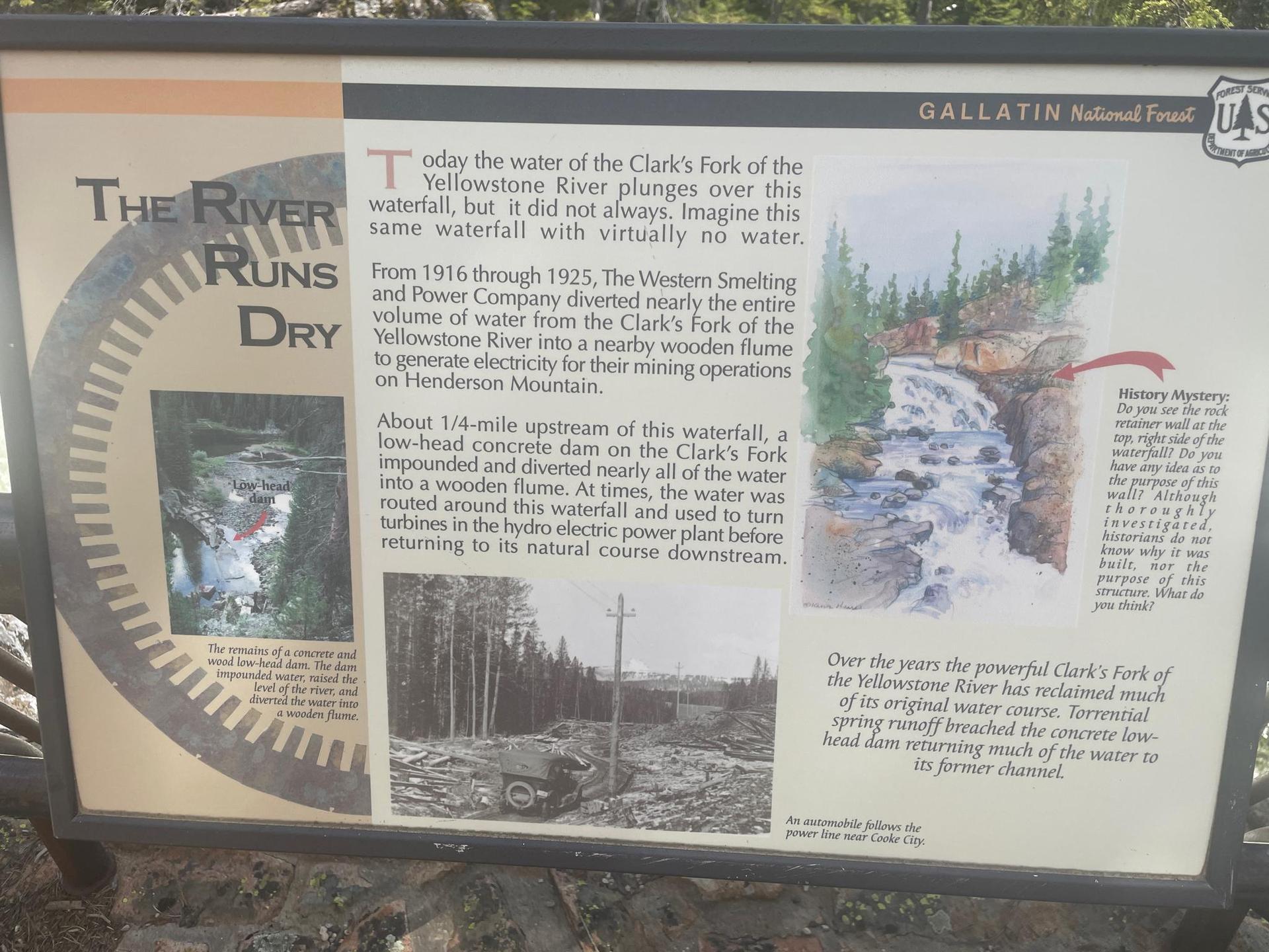 An outdoor informational sign with text and historical images about a river.