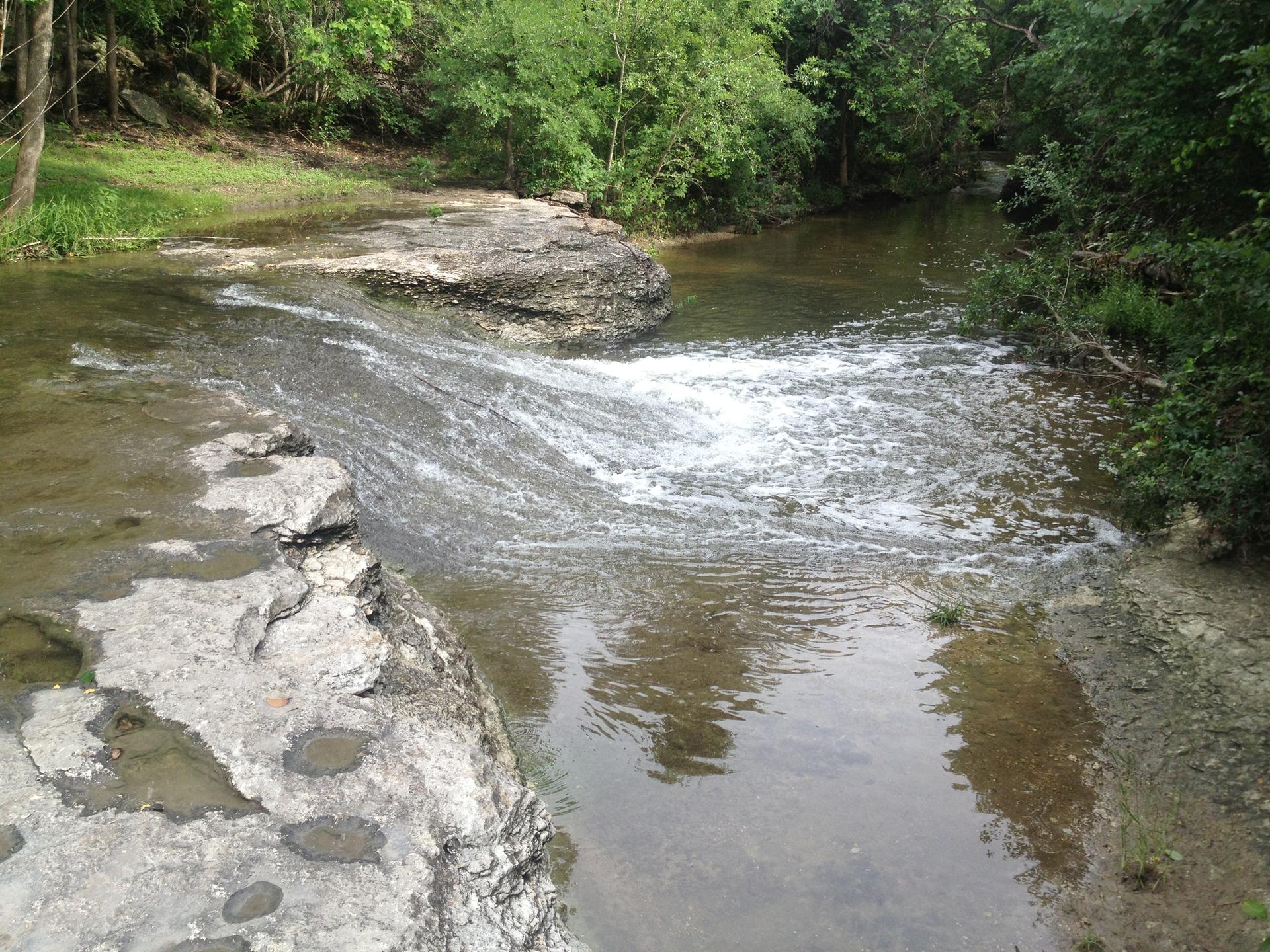 Small waterfall cascades over rocks in a sunlit, tree-lined stream.