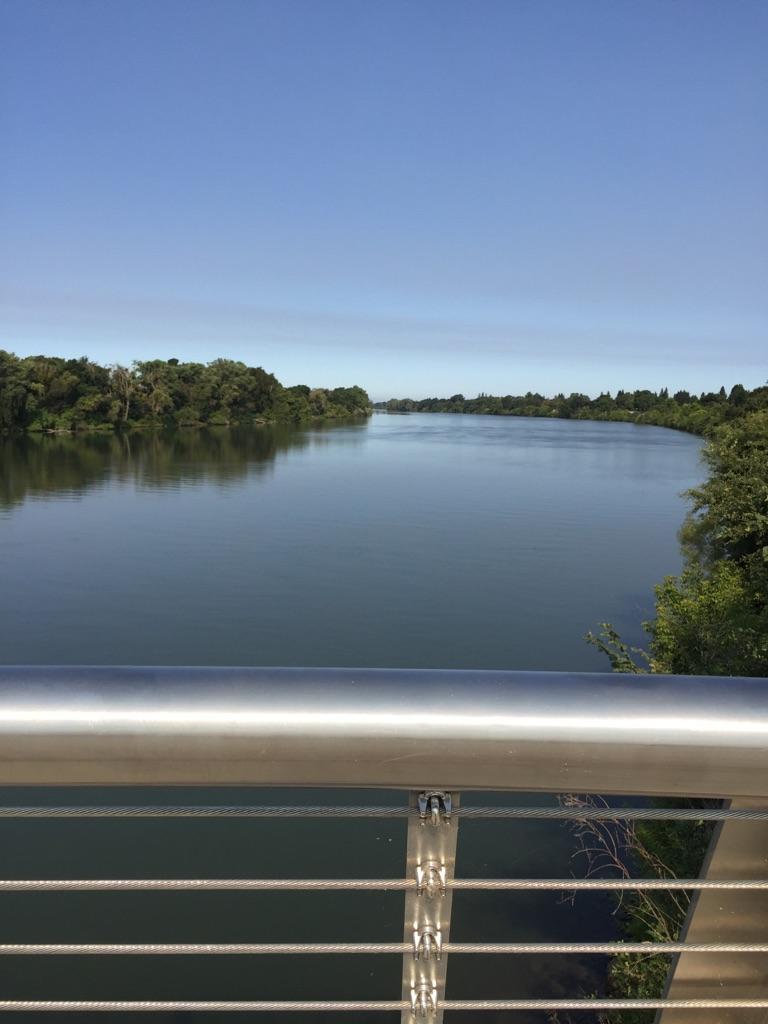 Wide river, green tree-lined banks, clear blue sky, metal railing foreground.
