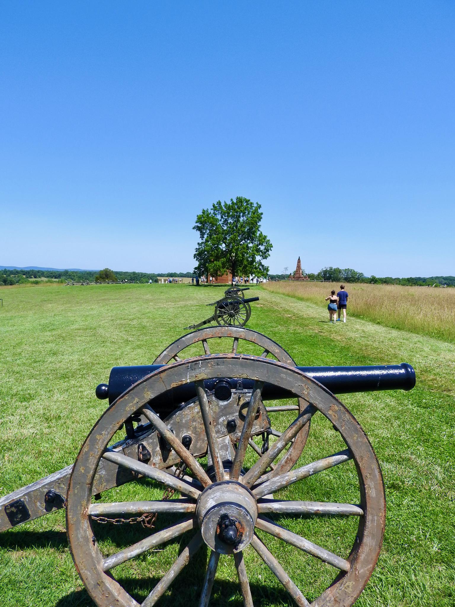 Cannons line a sunny green field with two people walking.