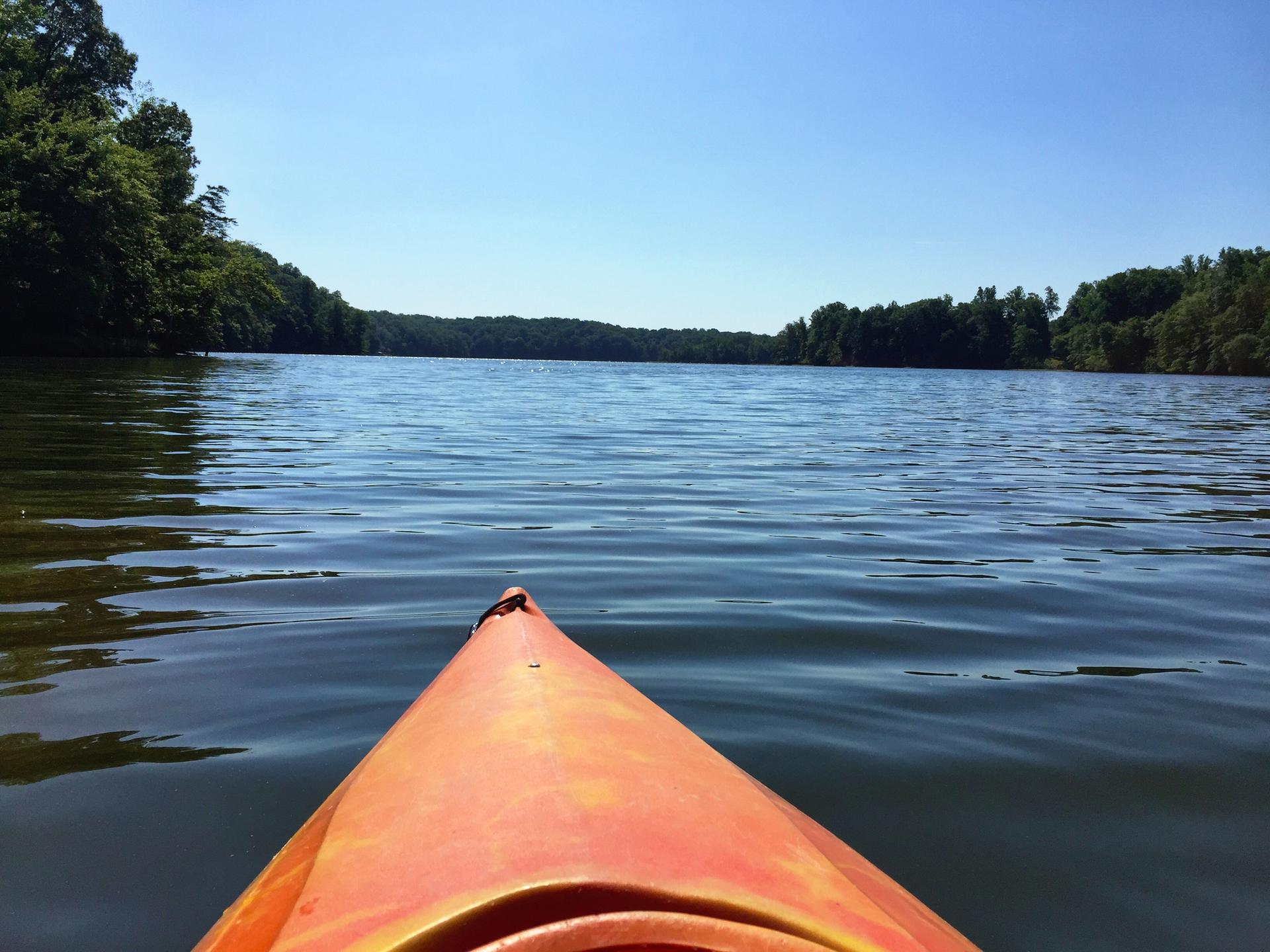 Orange kayak on a wide lake with forested shores under a clear sky.