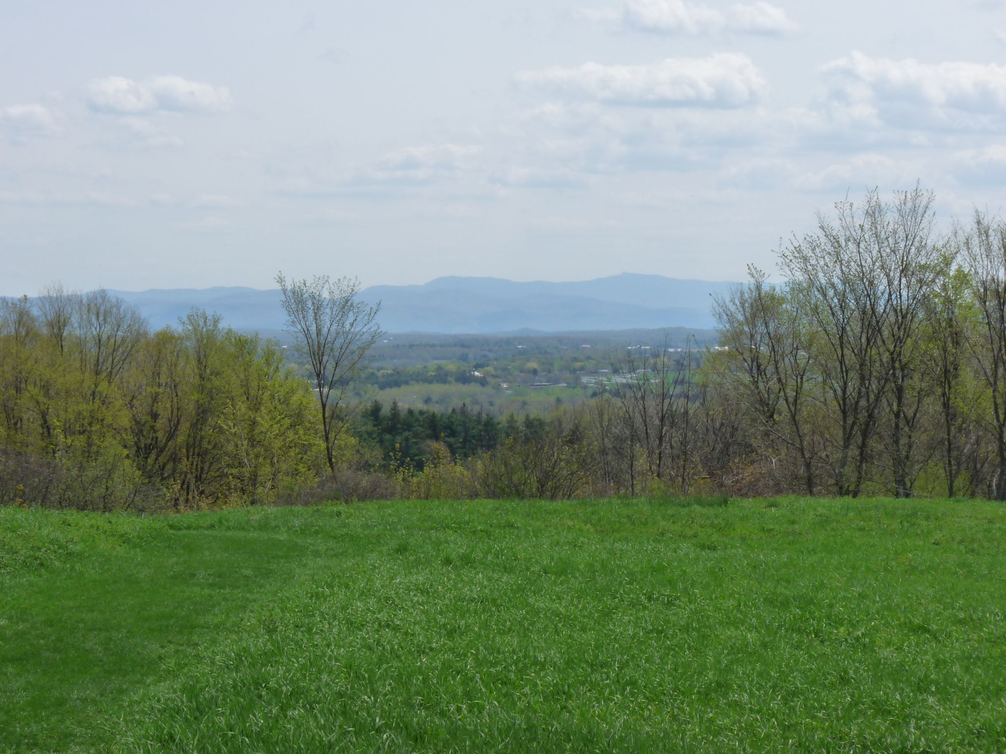 Green field overlooking a valley with distant hazy mountains and trees. - Shelburne Farms to Lone Tree Hill Loop