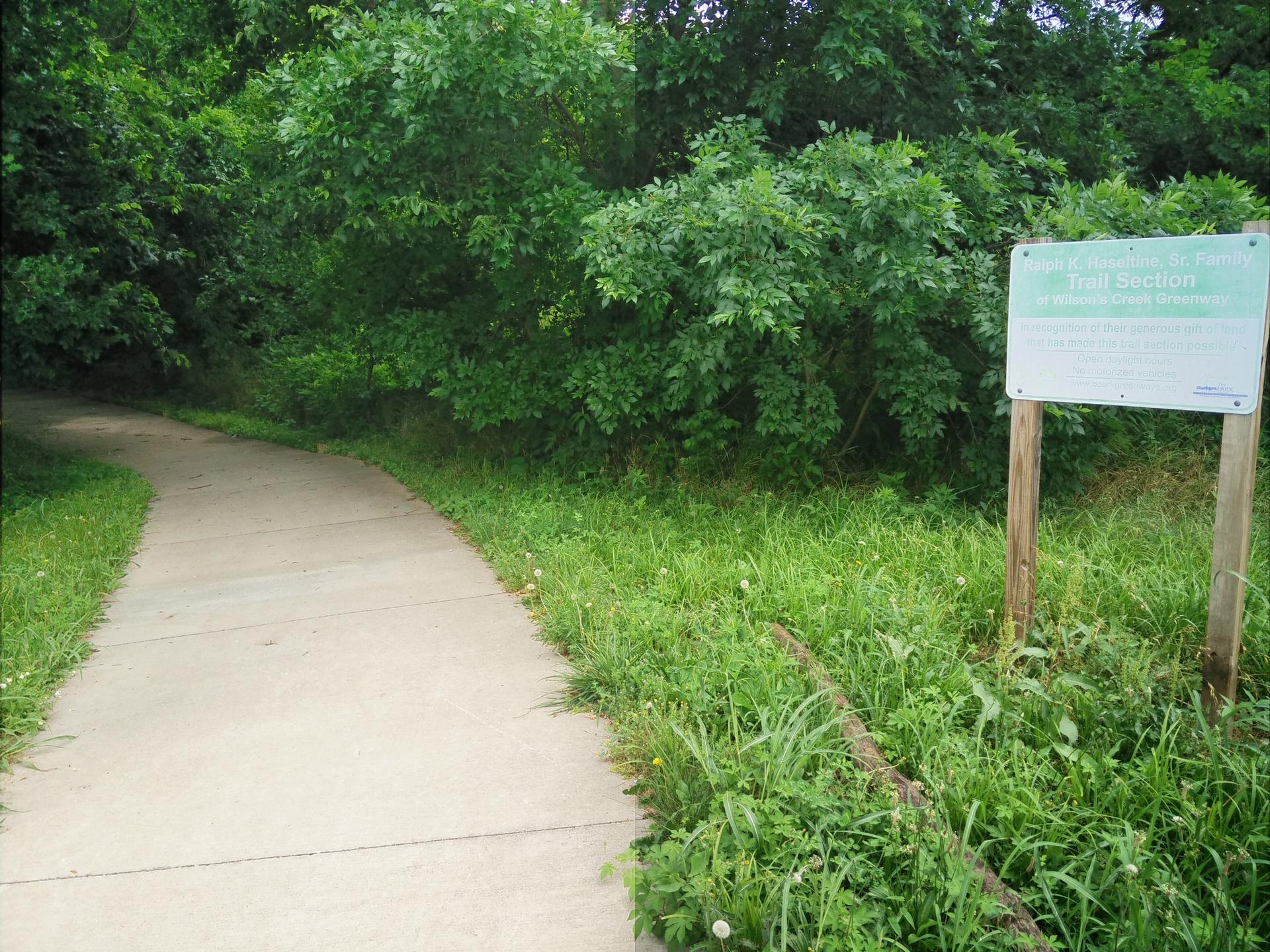 A paved path curves through dense green woods next to an informational sign.