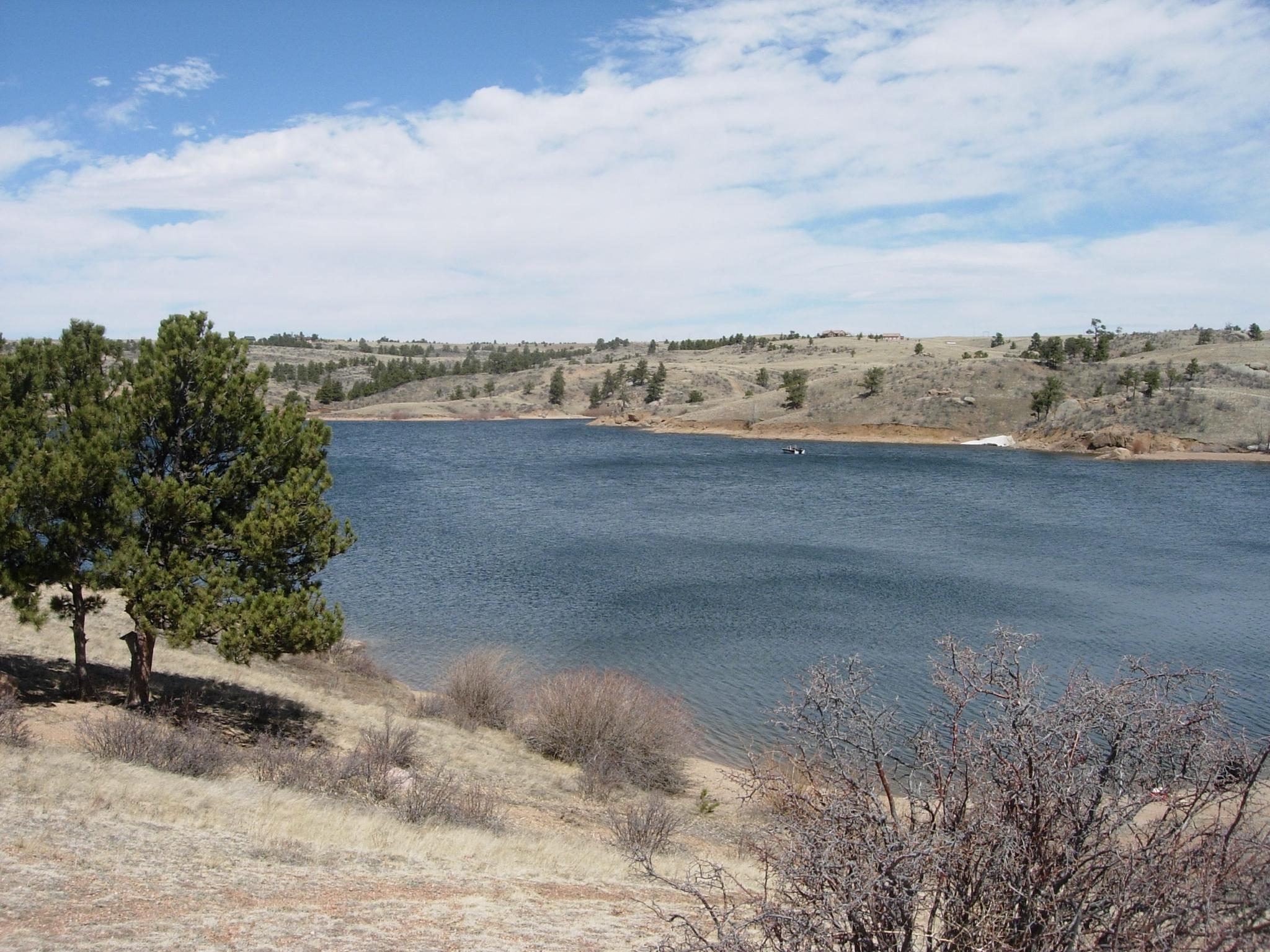 Calm lake surrounded by dry hills and pine trees on a sunny day.