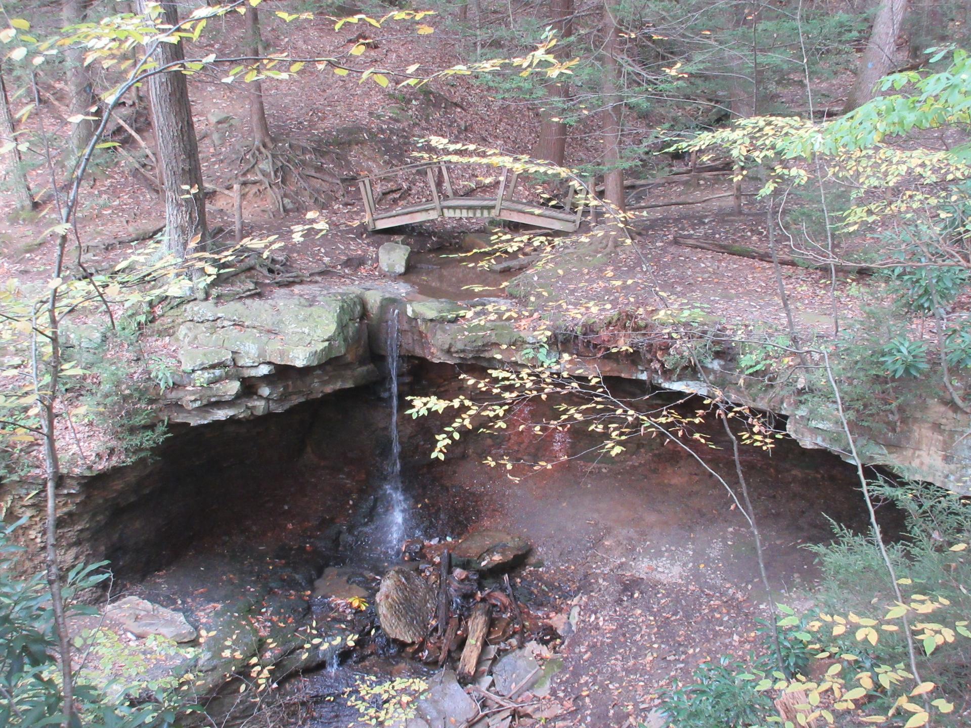 Small waterfall cascades into a rocky grotto under a wooden bridge in a forest.