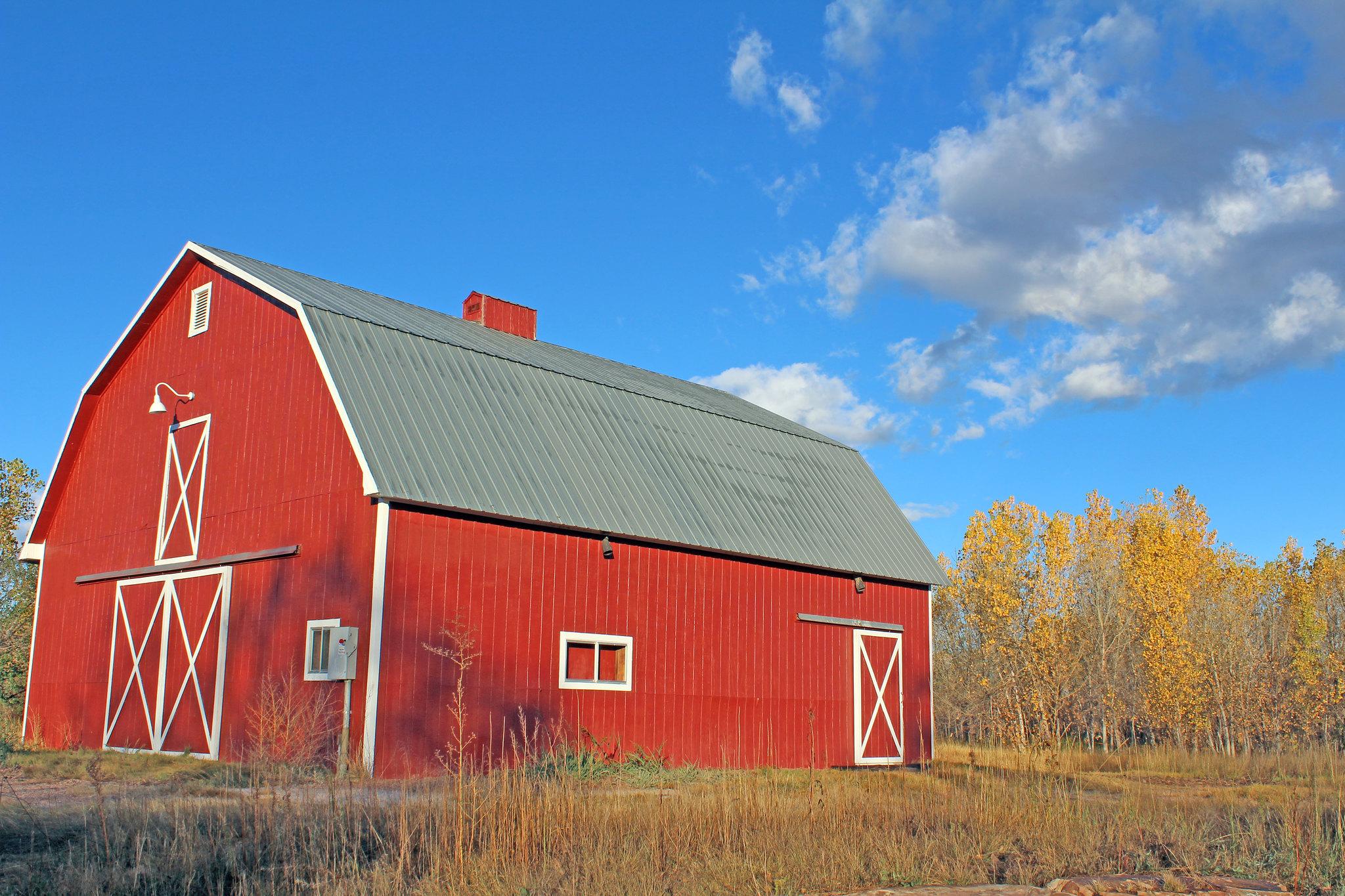 Bright red barn in a field with yellow trees under a cloudy blue sky.