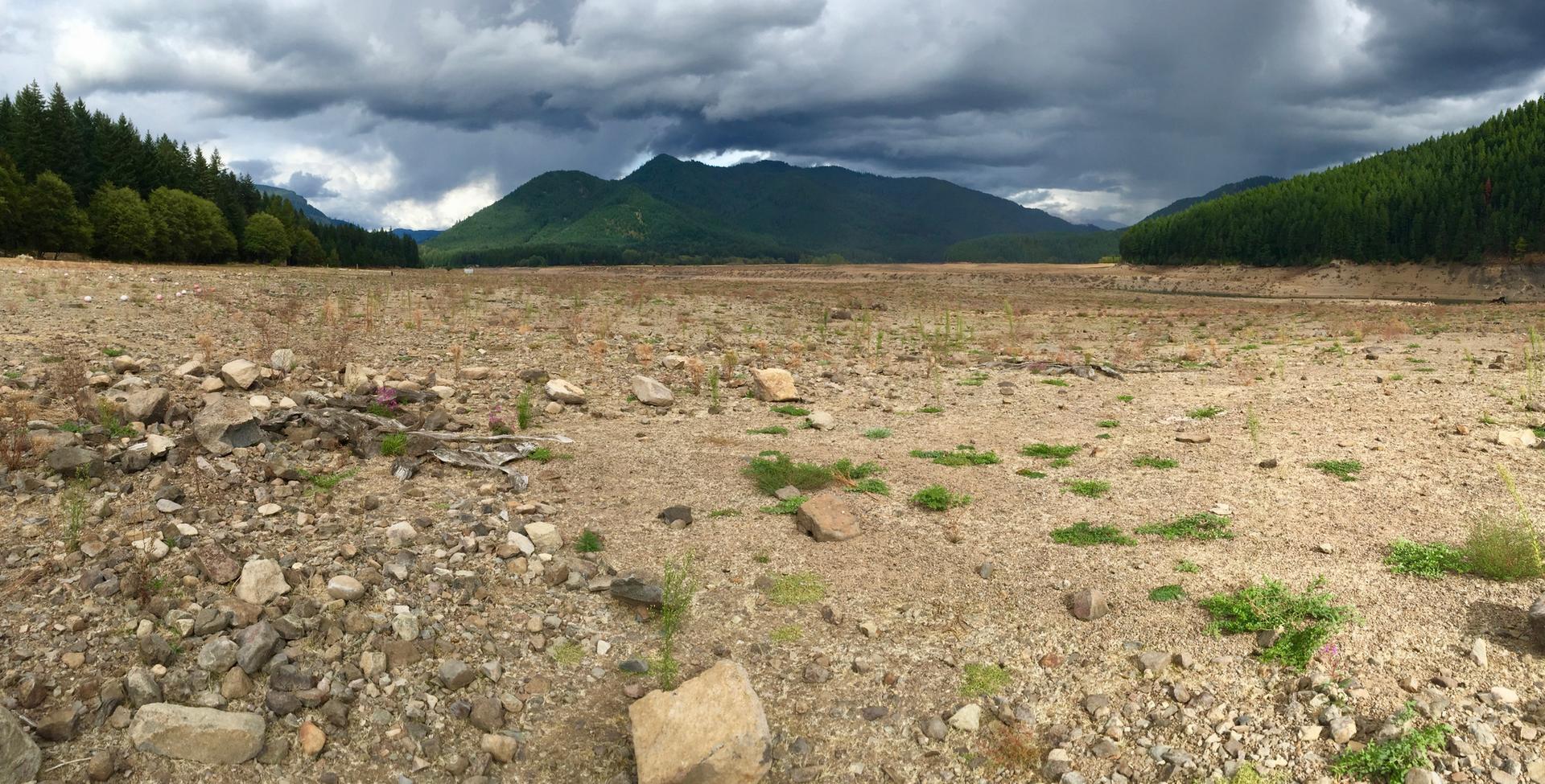 Barren, rocky ground stretches towards forested mountains under a dark, cloudy sky.