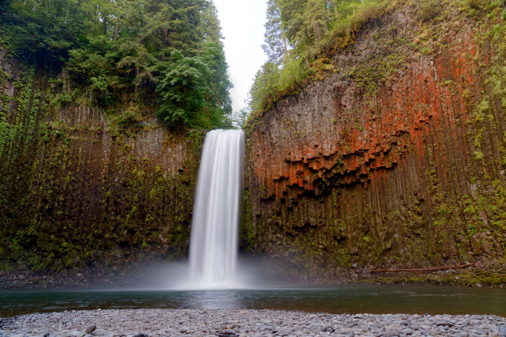Majestic waterfall cascades between towering, mossy cliffs and lush green trees. - Abiqua Falls Trail