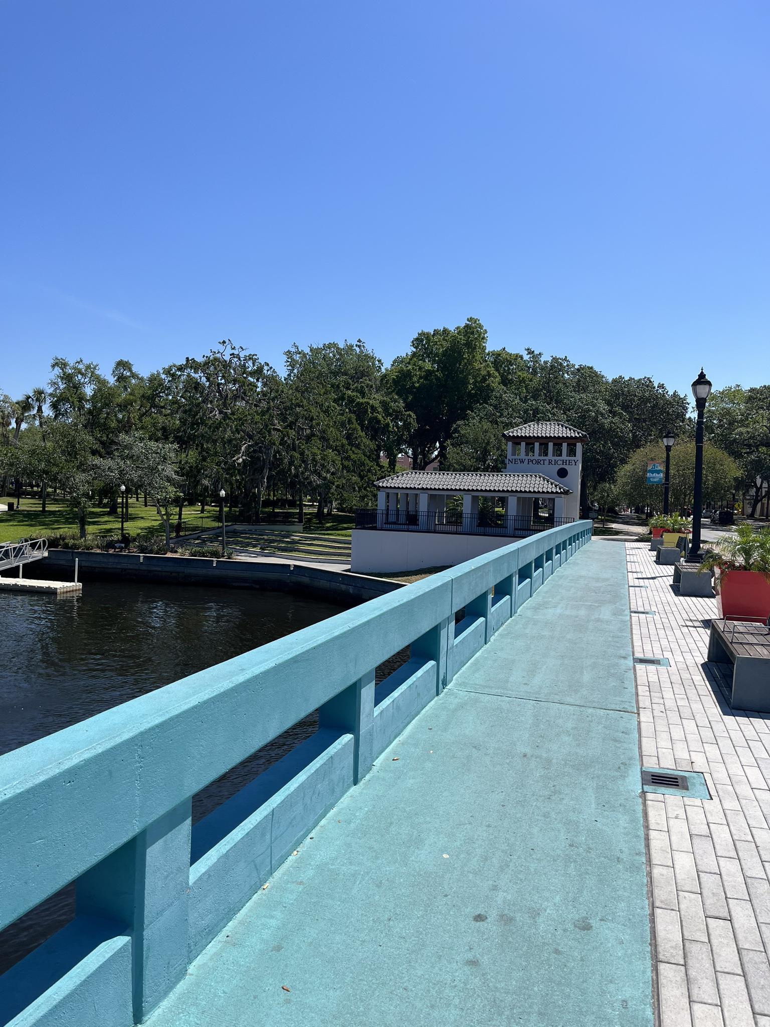Bright blue bridge railing overlooking water, a building, and trees.