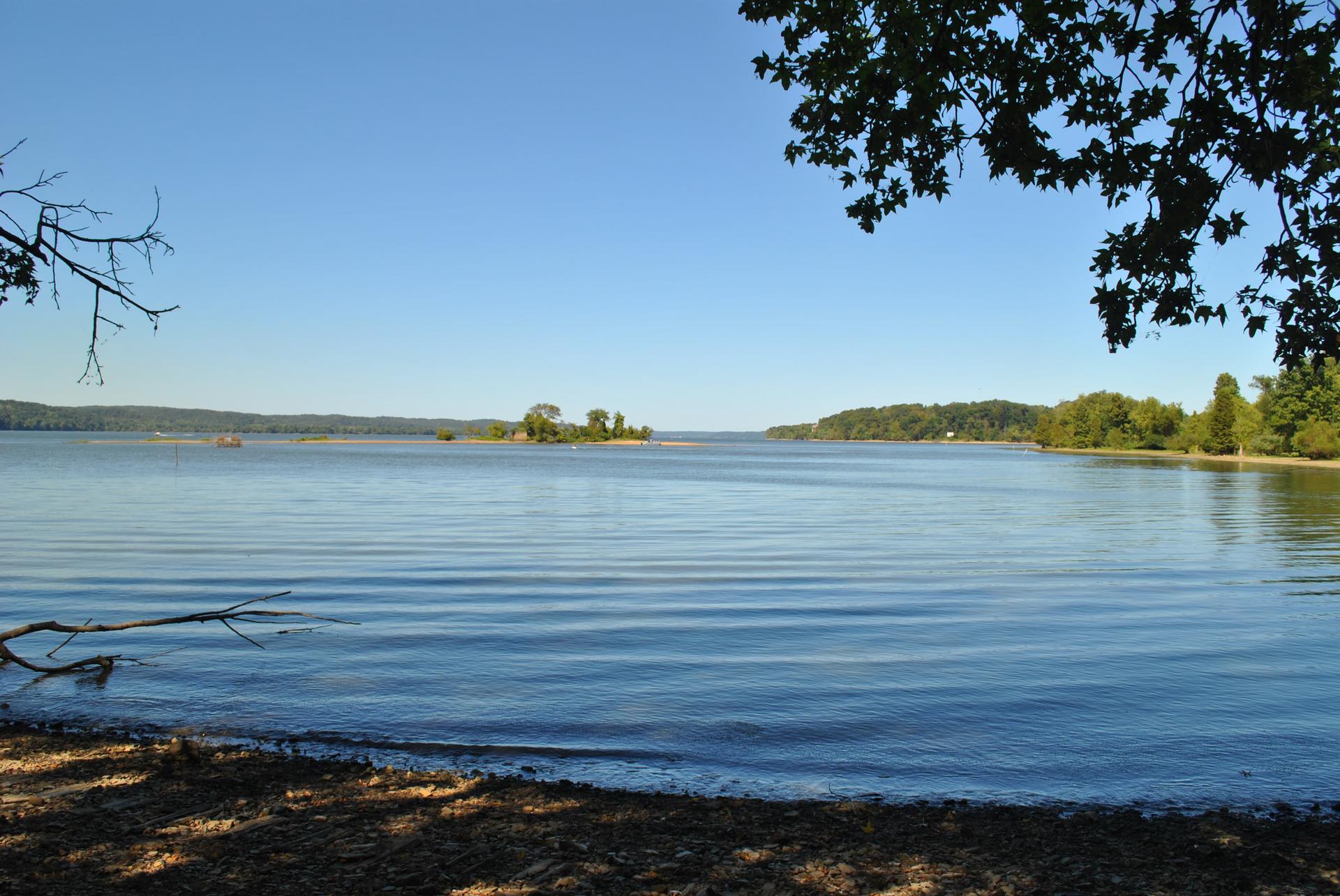 Wide calm lake with distant tree-lined shores under a clear blue sky.