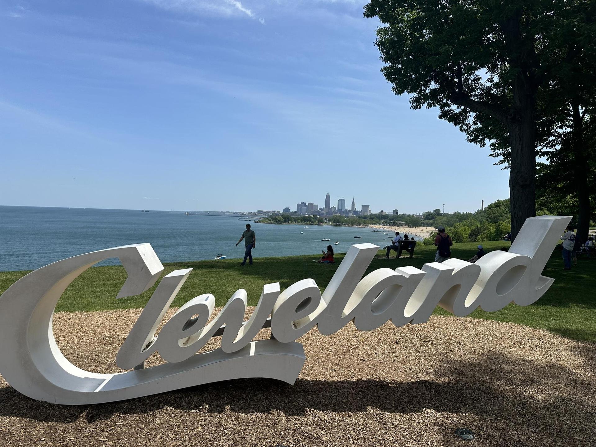 Large white sign on a grassy hill overlooking water and a distant city skyline.