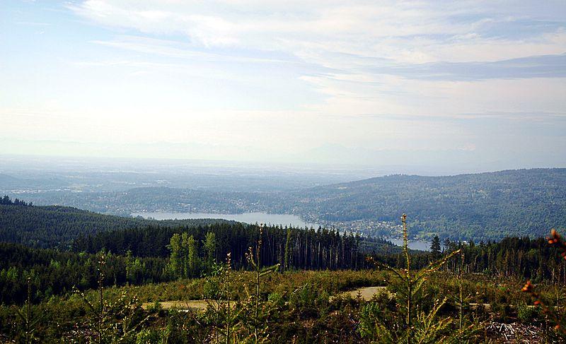 Expansive view of a lake nestled among green forests under a hazy sky.