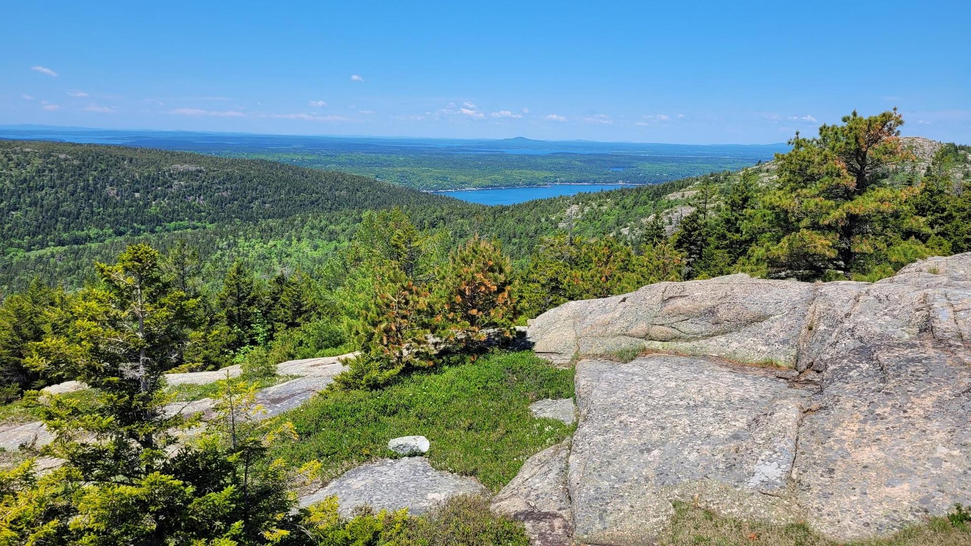 Sunny mountain vista with rocky foreground, green forests, and distant blue water.