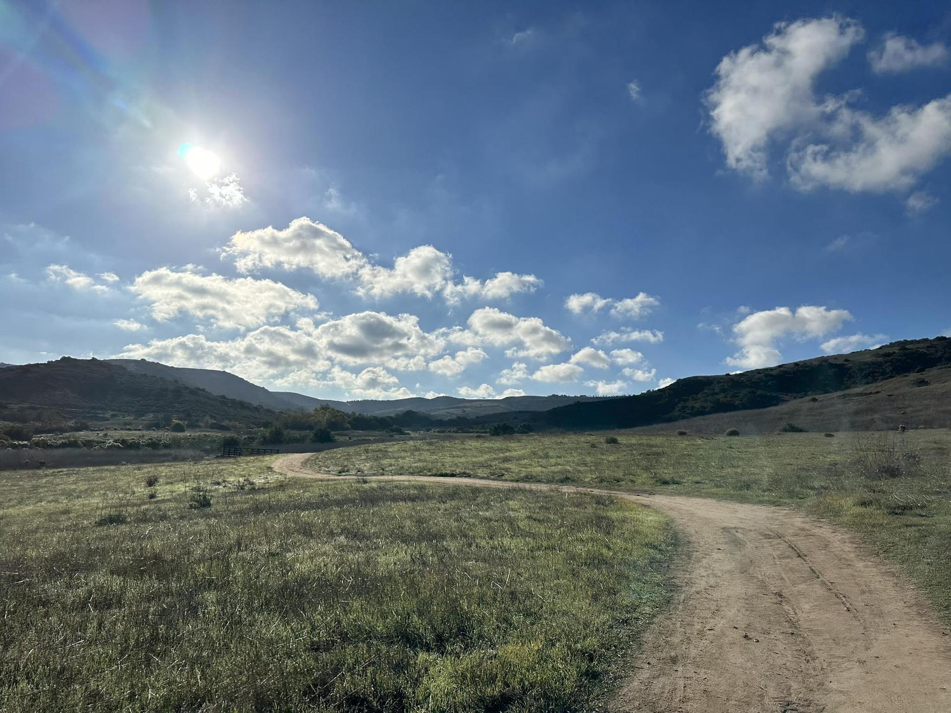Sunny dirt road winding through green fields, hills, and scattered clouds.