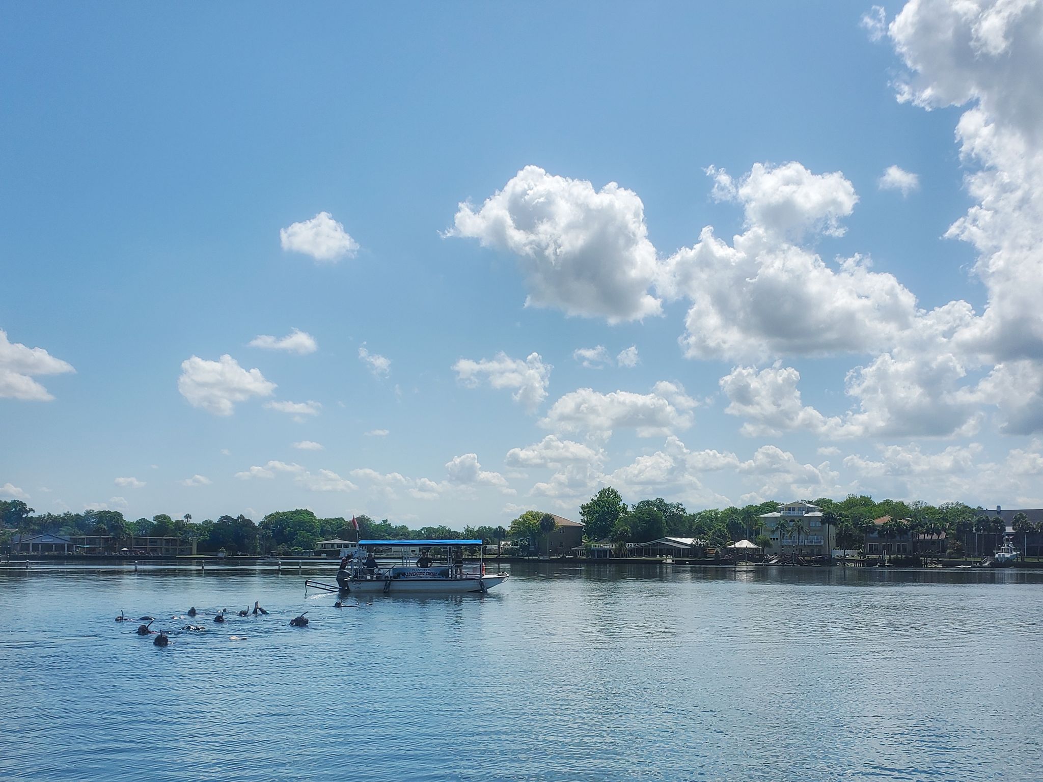 People swimming near a boat on a wide river under a bright blue sky. - Ozello Trail
