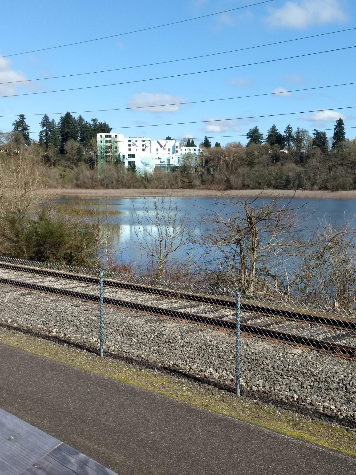 Railroad tracks and a fence beside a lake with distant buildings under a sunny sky.