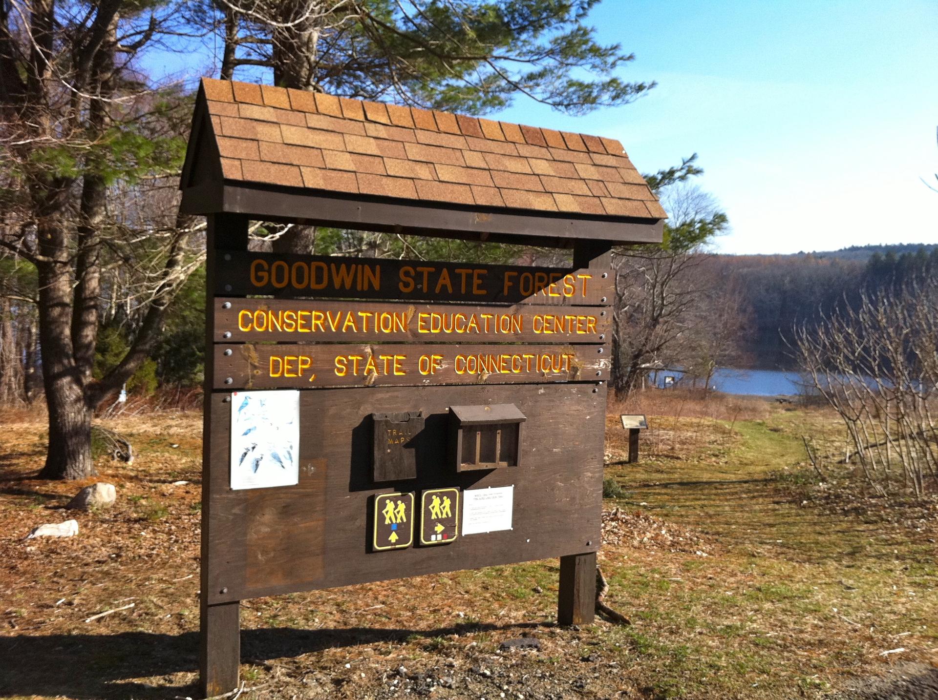 A wooden information sign with a shingled roof in a sunny, dry forest.