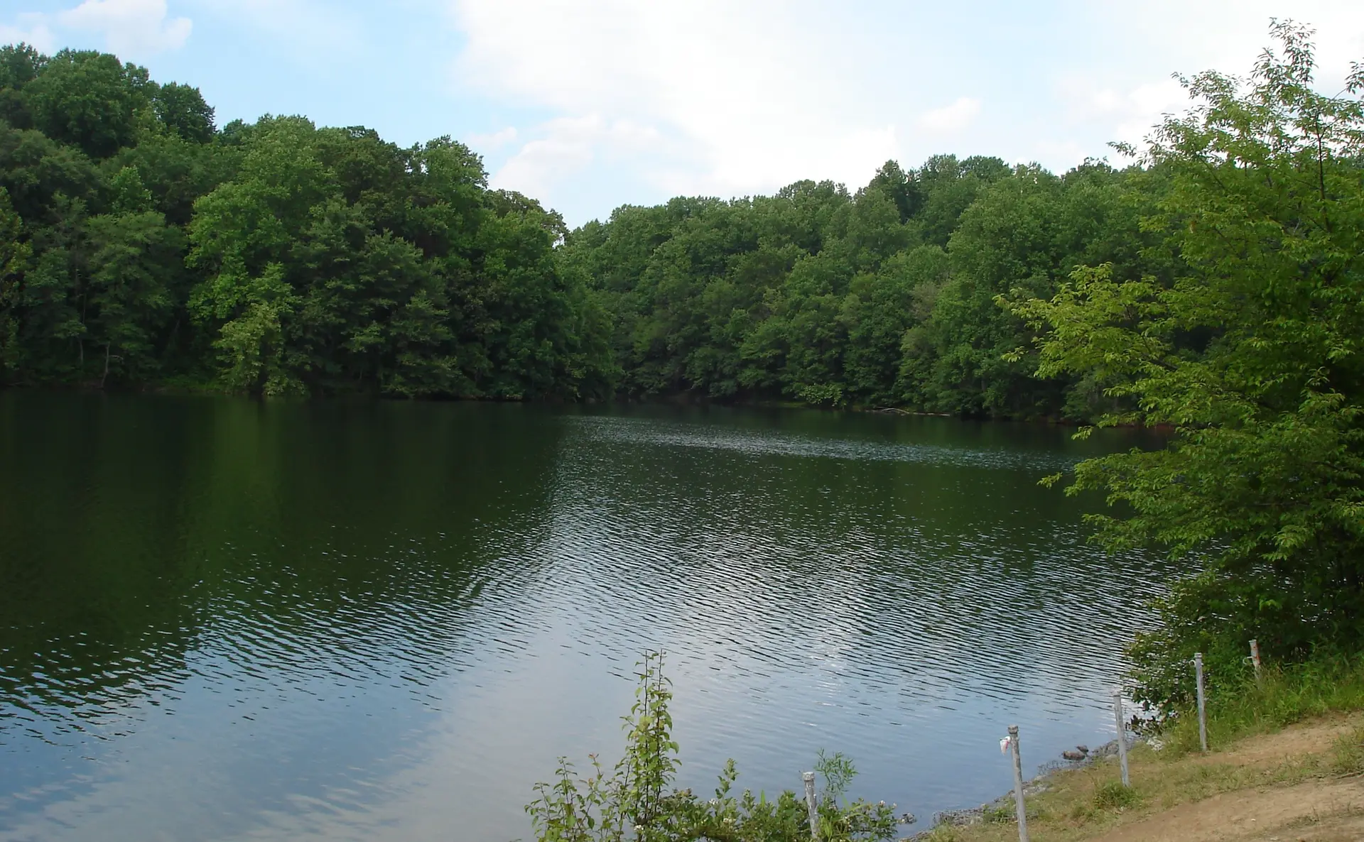 A calm lake surrounded by lush green trees under a partly cloudy sky.