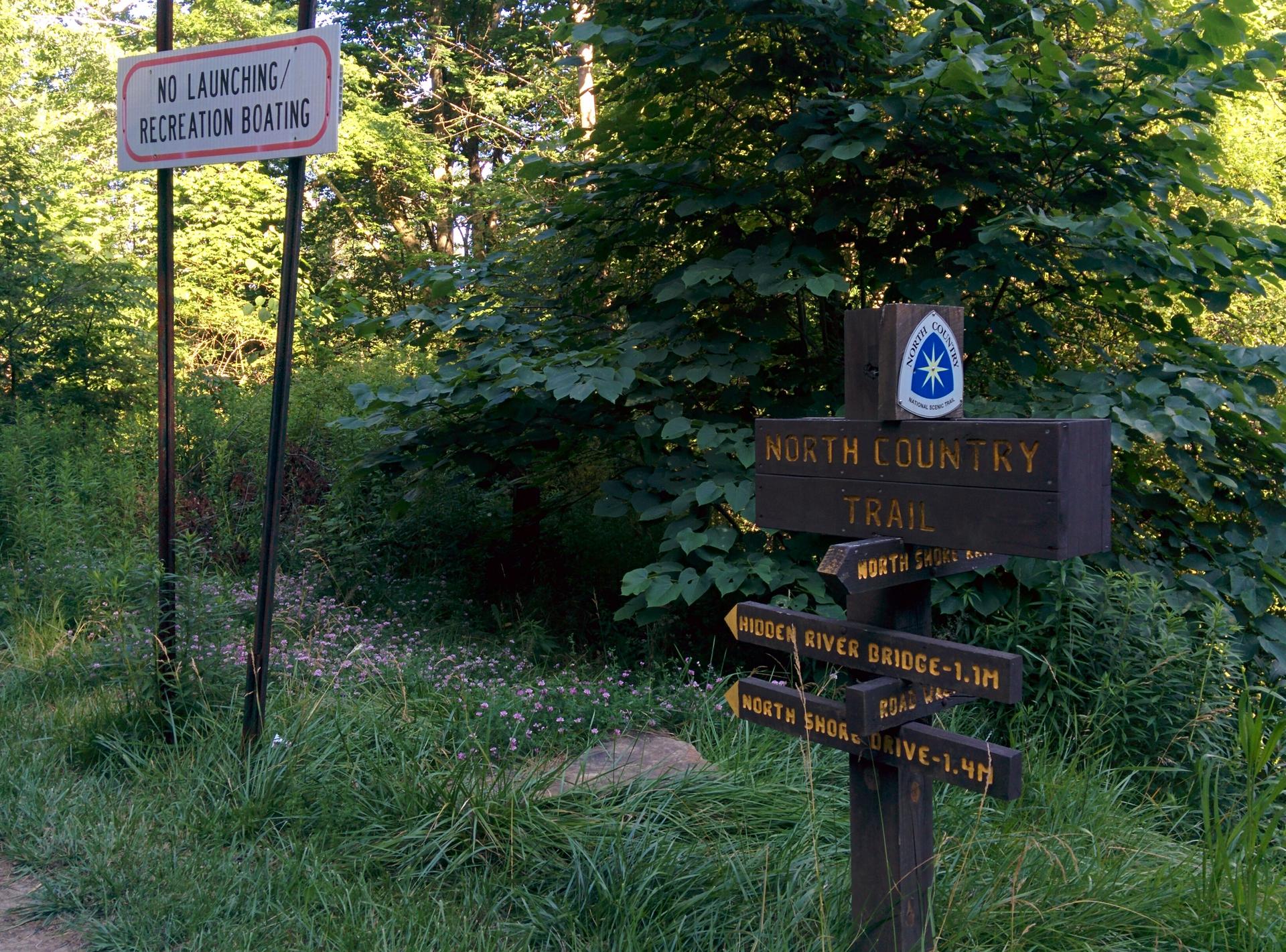 Wooden trail signpost and a "No Launching" sign in a sunny, grassy area.