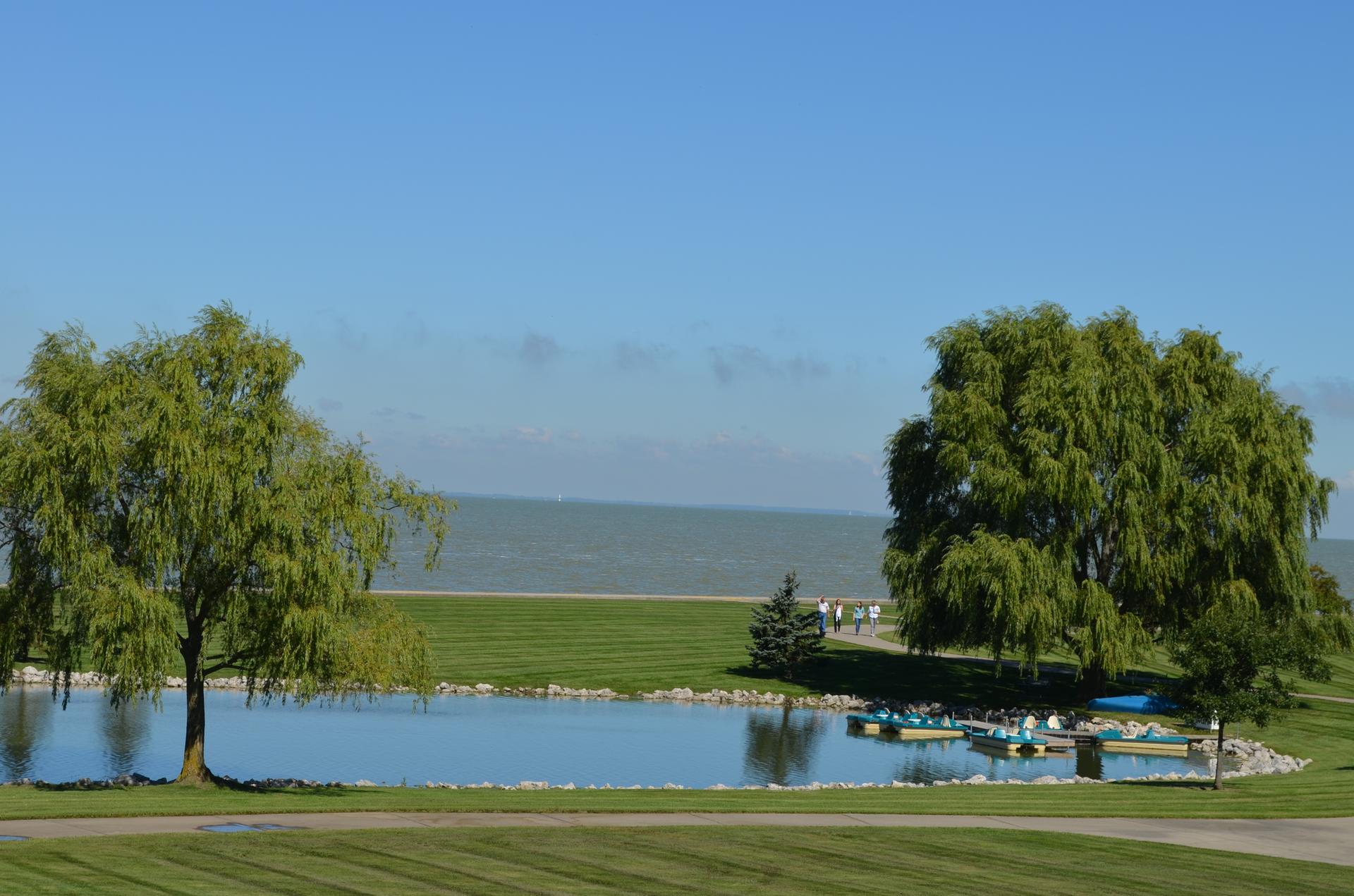 Sunny view of green trees, a pond with paddle boats, and distant water.