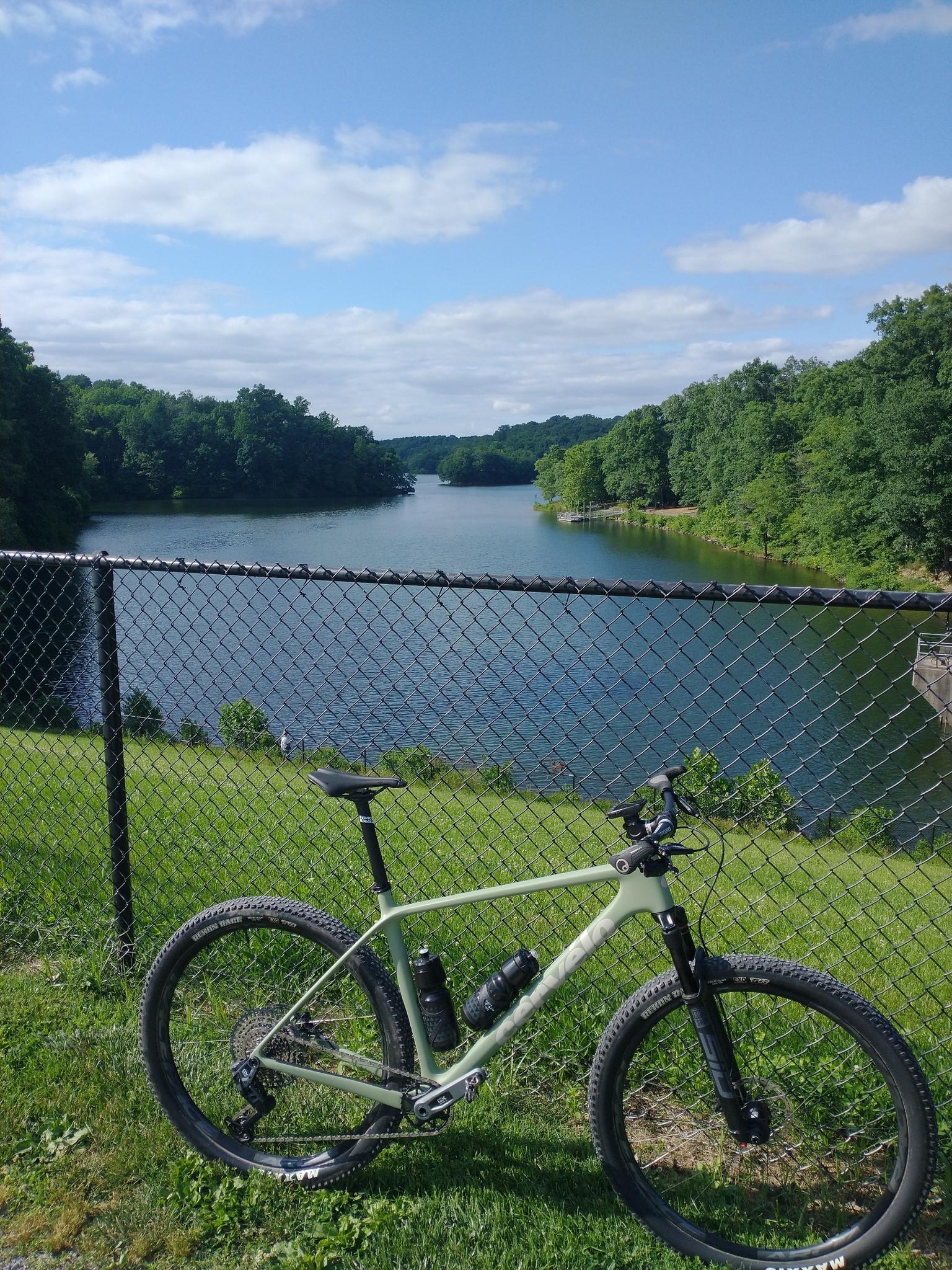Mountain bike on grass overlooking a lake and green forest under a blue sky.